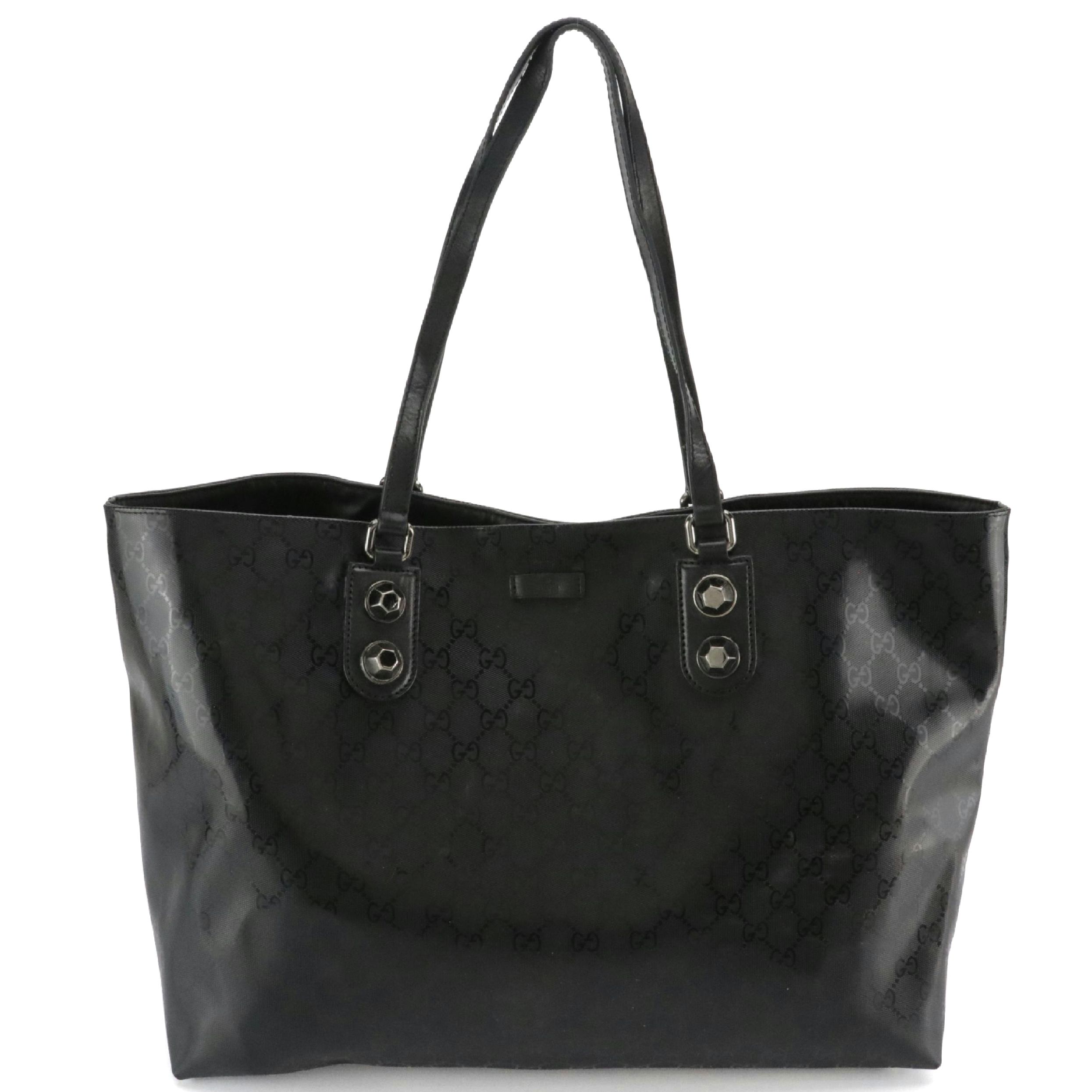 Gucci Large Studded Tote in Black GG Imprimé Canvas and Leather Trim
