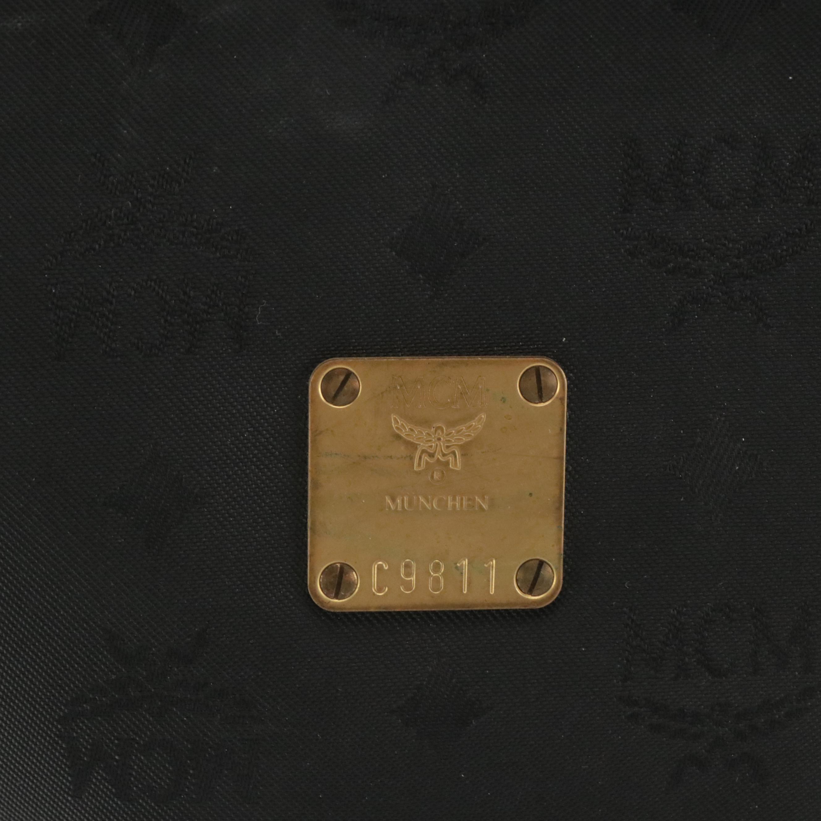 MCM Small Handbag in Black Visetos Jacquard Canvas and Calfskin Leather