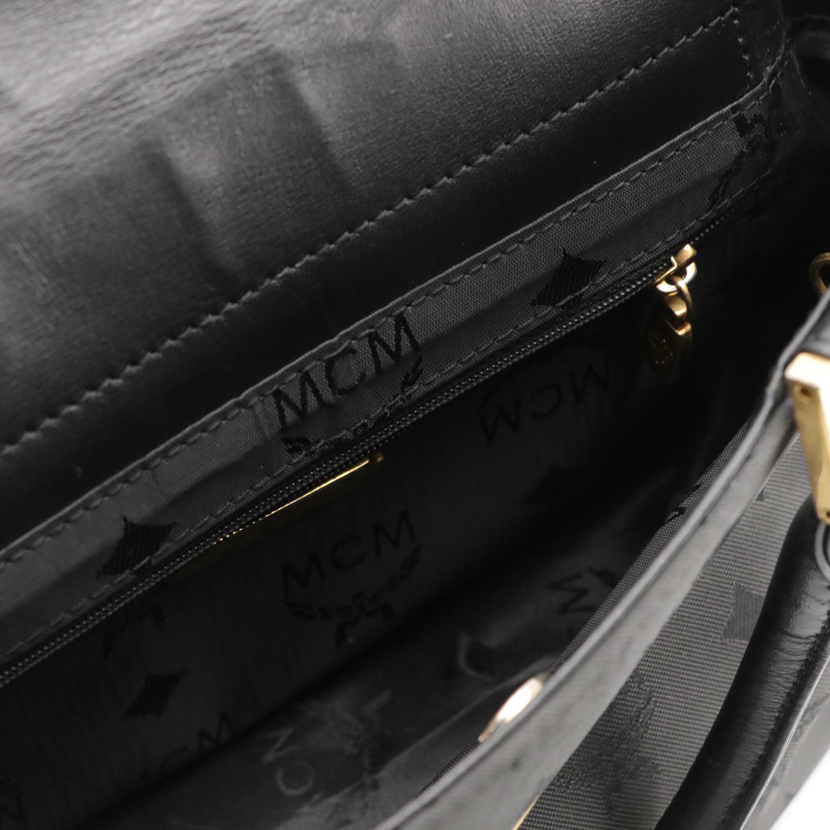 MCM Small Handbag in Black Visetos Jacquard Canvas and Calfskin Leather