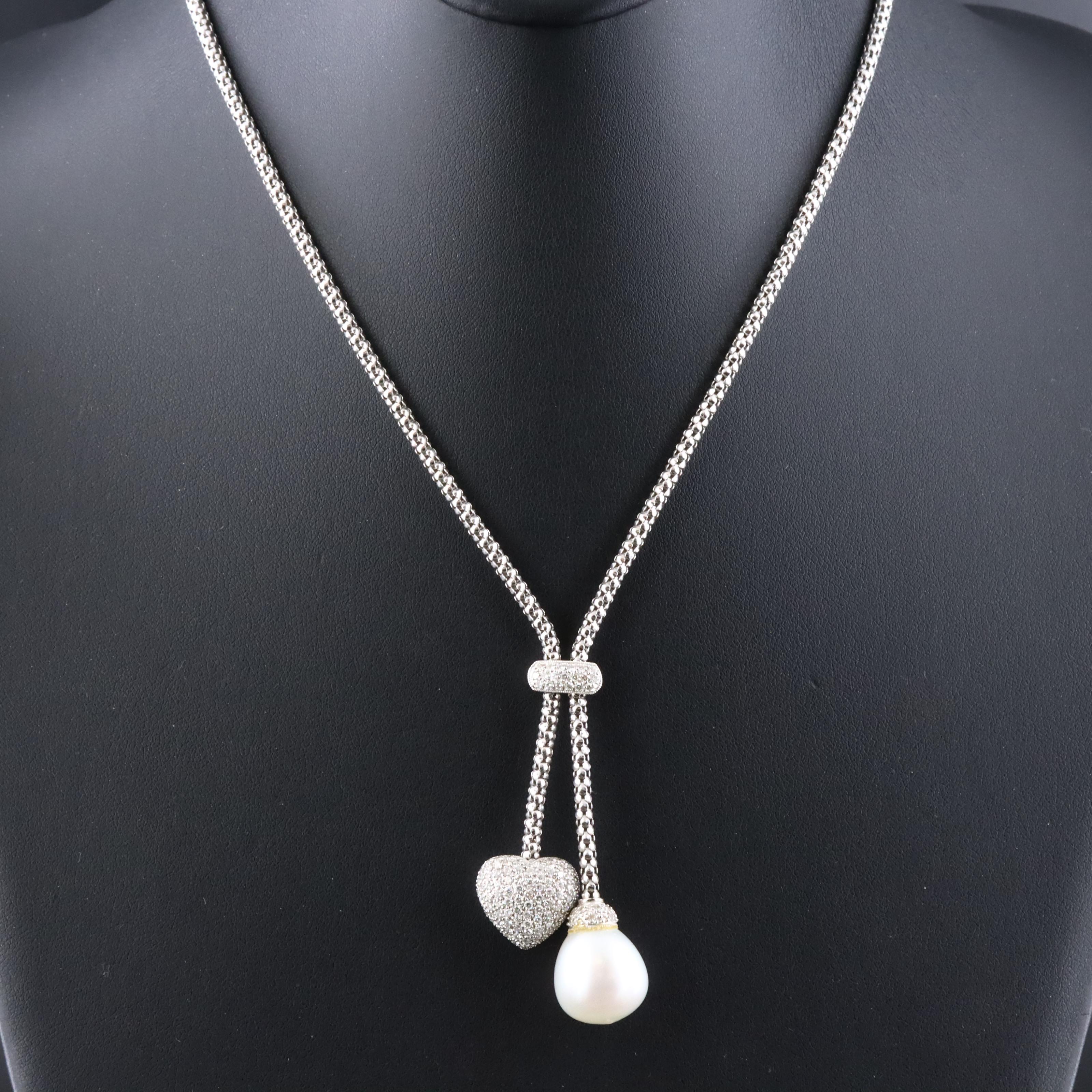 18K 1.10 CTW Pavé Diamond and Pearl Heart Négligée Necklace