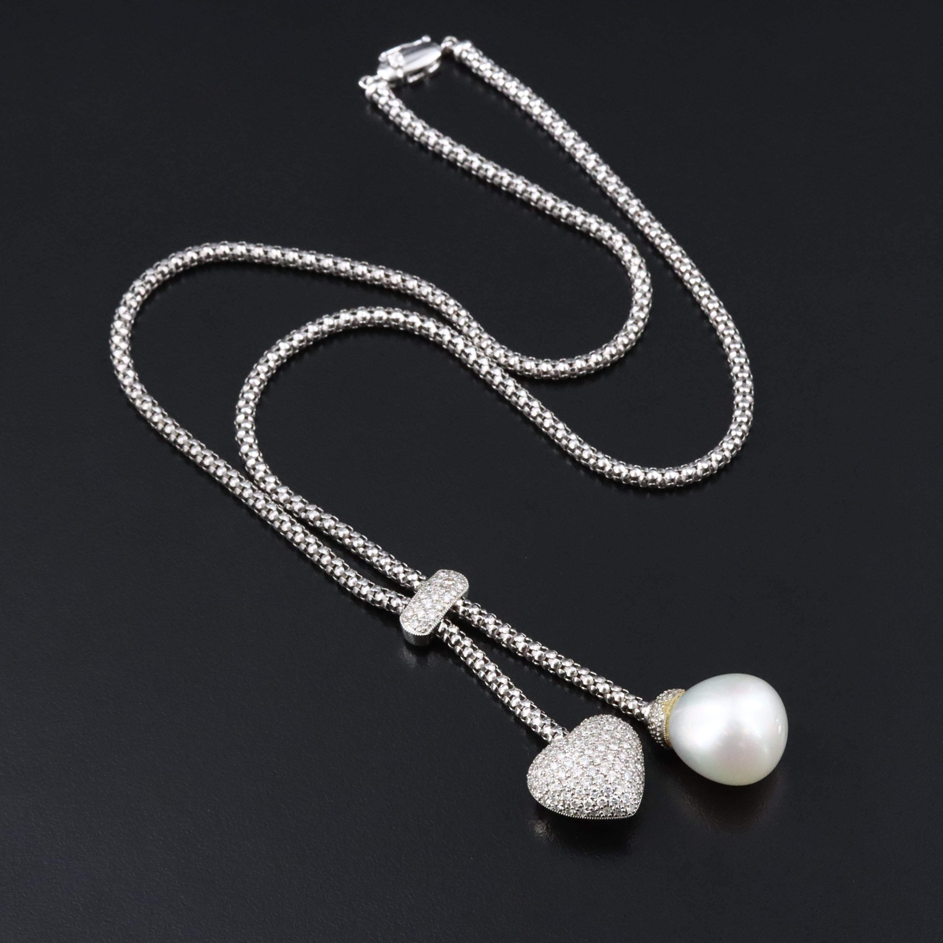 18K 1.10 CTW Pavé Diamond and Pearl Heart Négligée Necklace