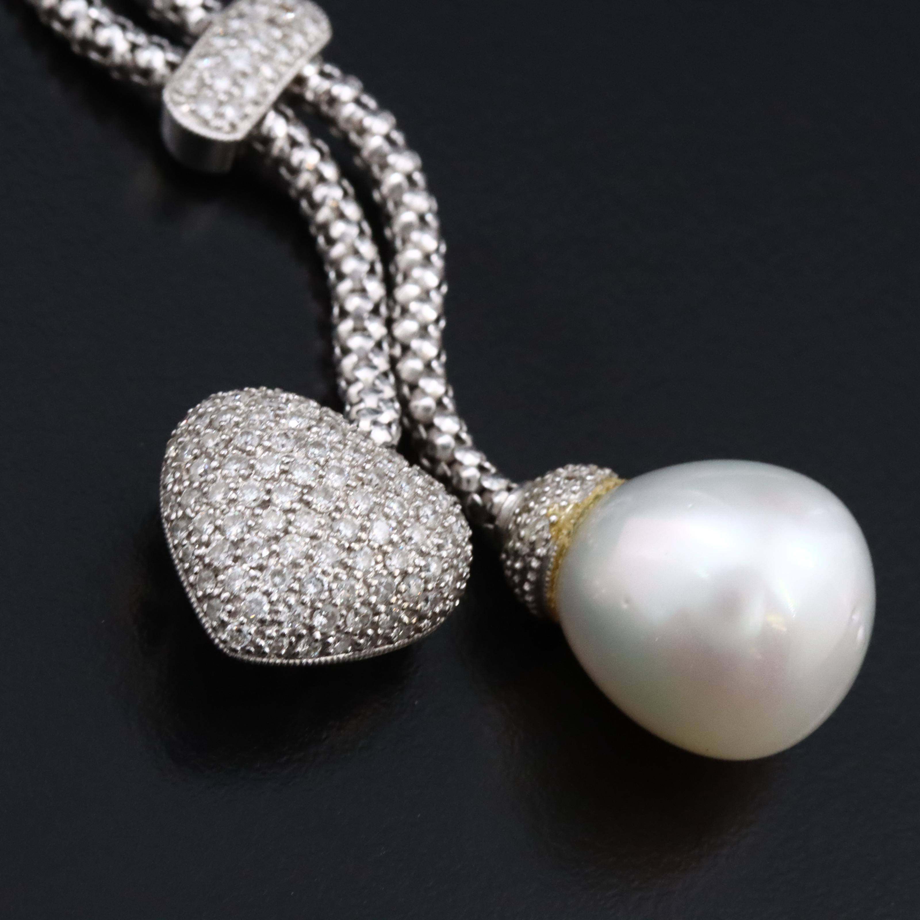 18K 1.10 CTW Pavé Diamond and Pearl Heart Négligée Necklace