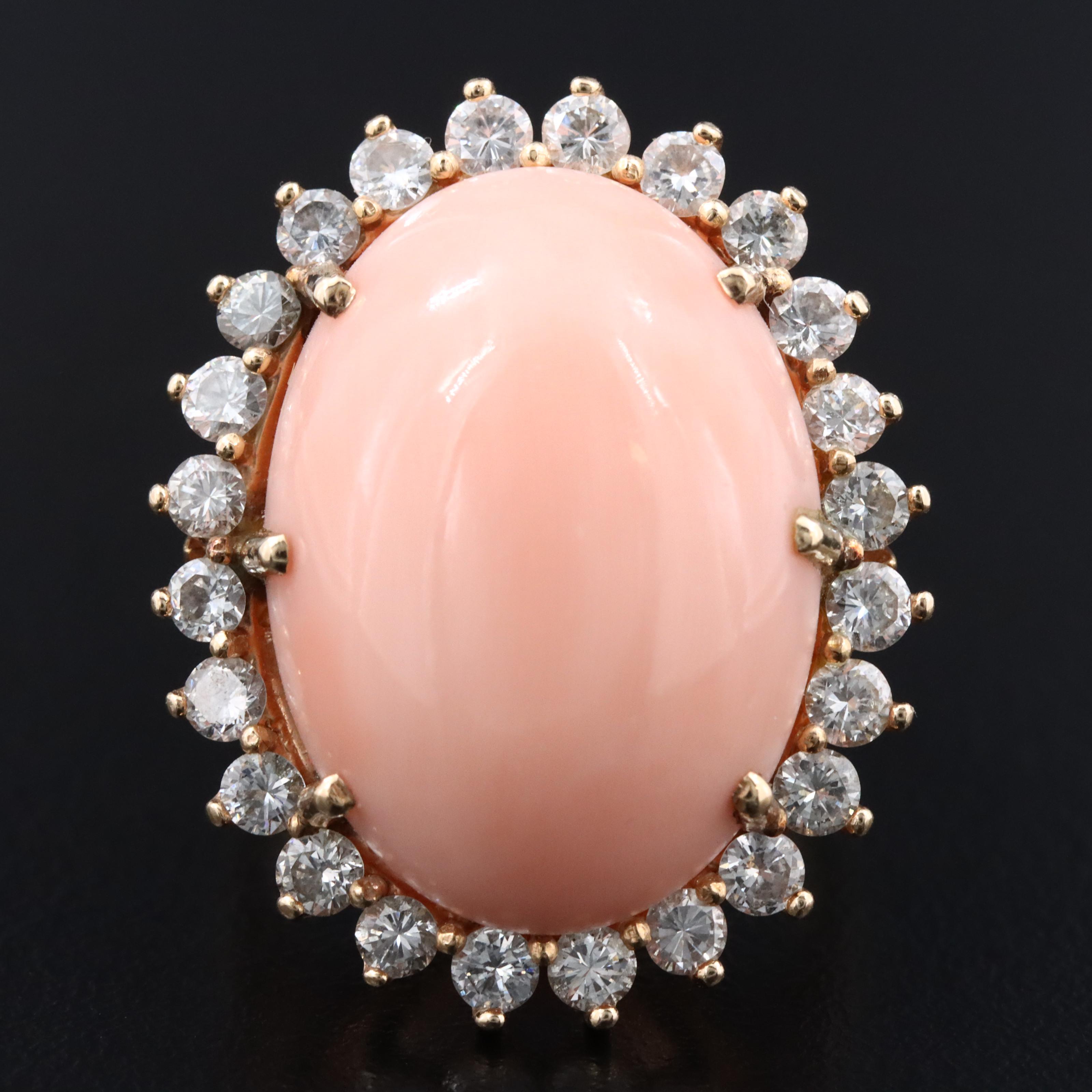 14K Coral and Diamond Halo Ring