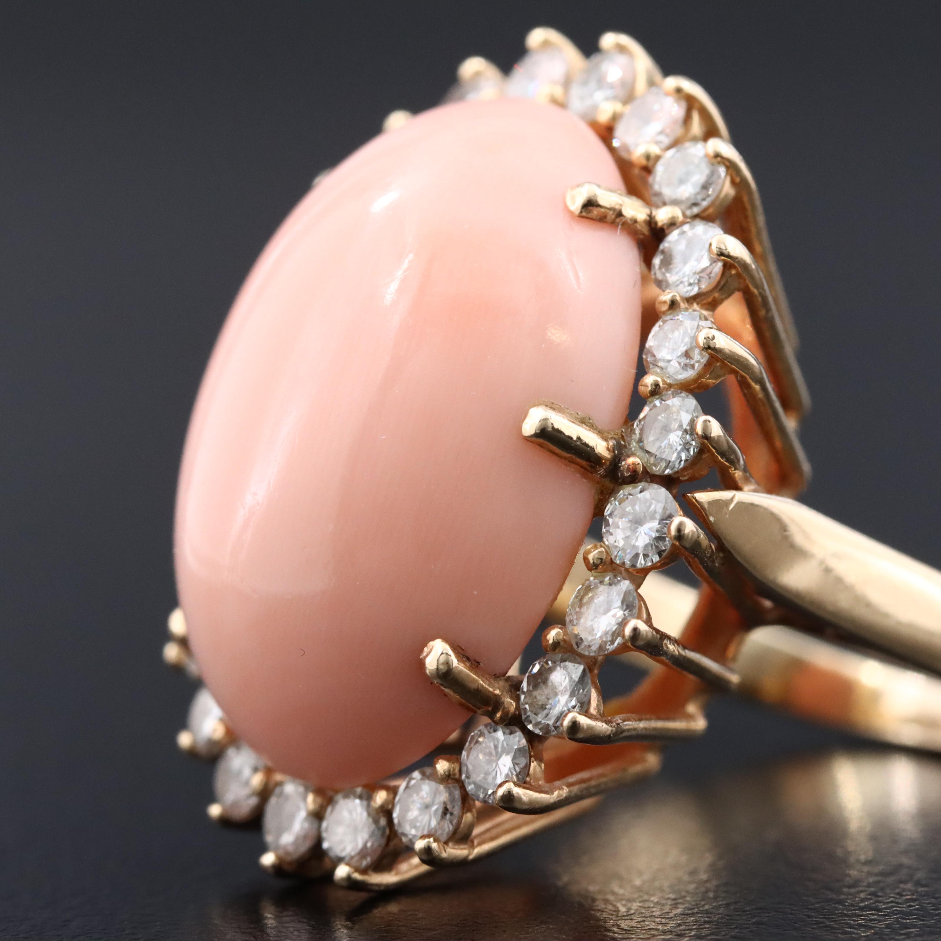 14K Coral and Diamond Halo Ring