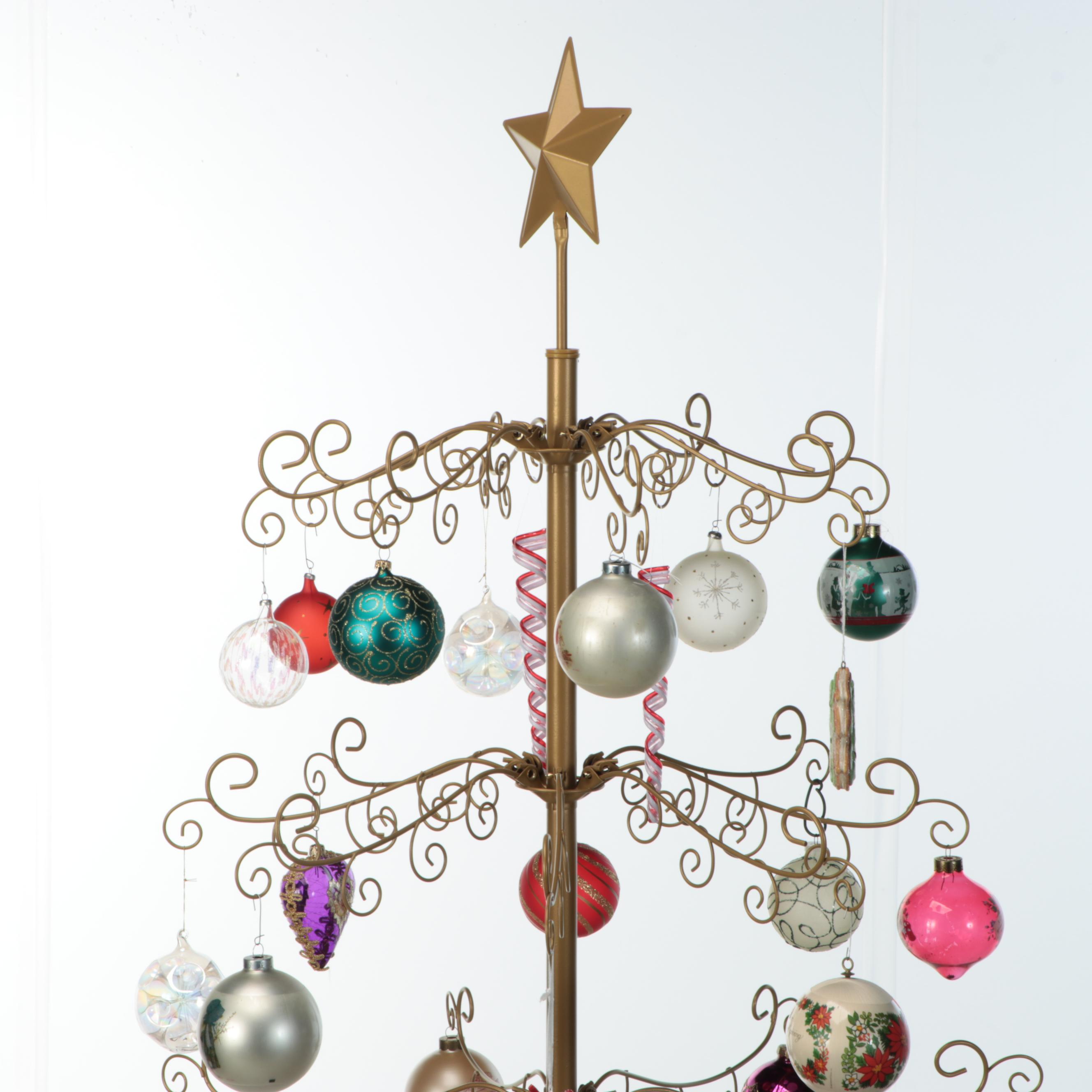 74" Gold Finish Metal Christmas Tree with Glass Bulbs and Other Ornaments