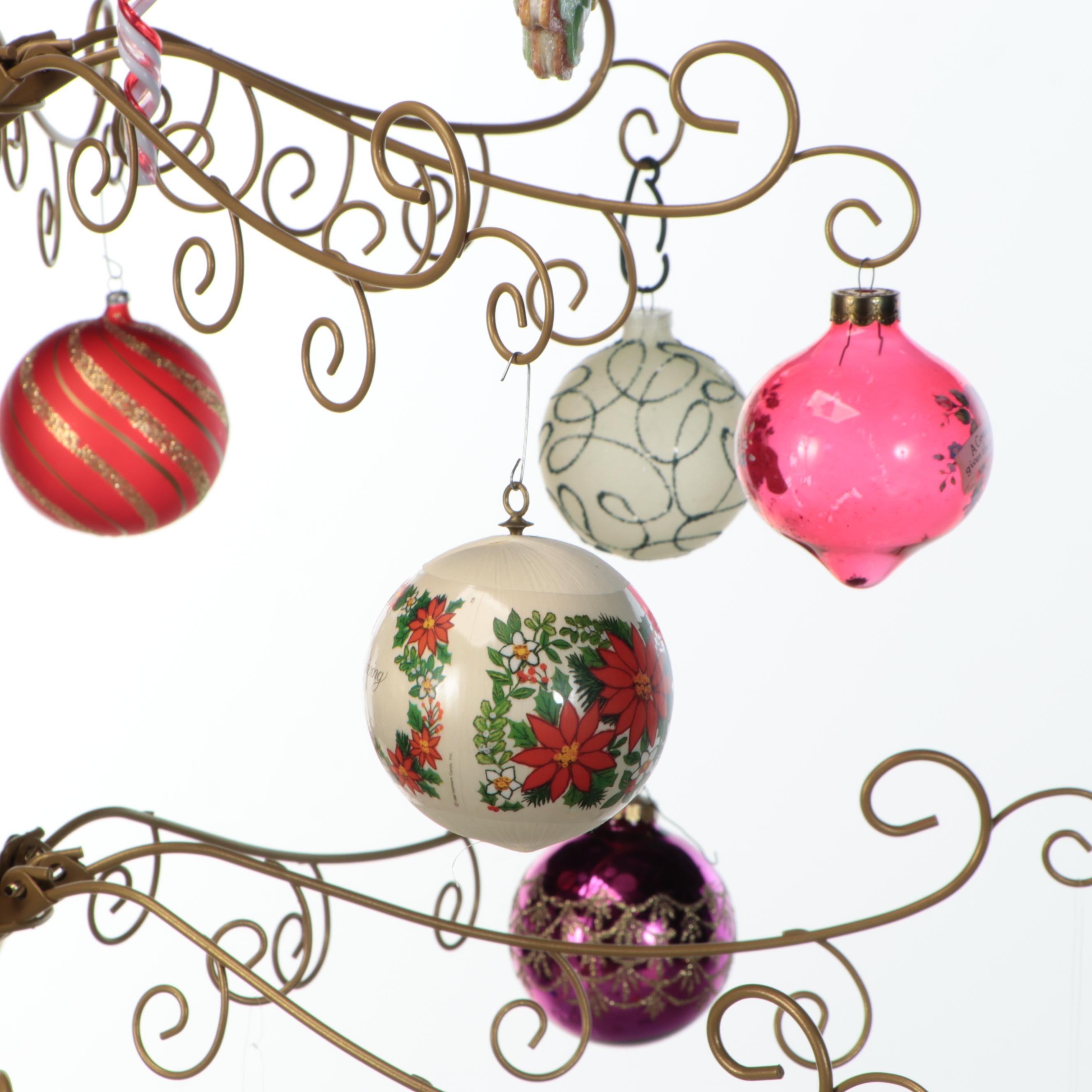 74" Gold Finish Metal Christmas Tree with Glass Bulbs and Other Ornaments