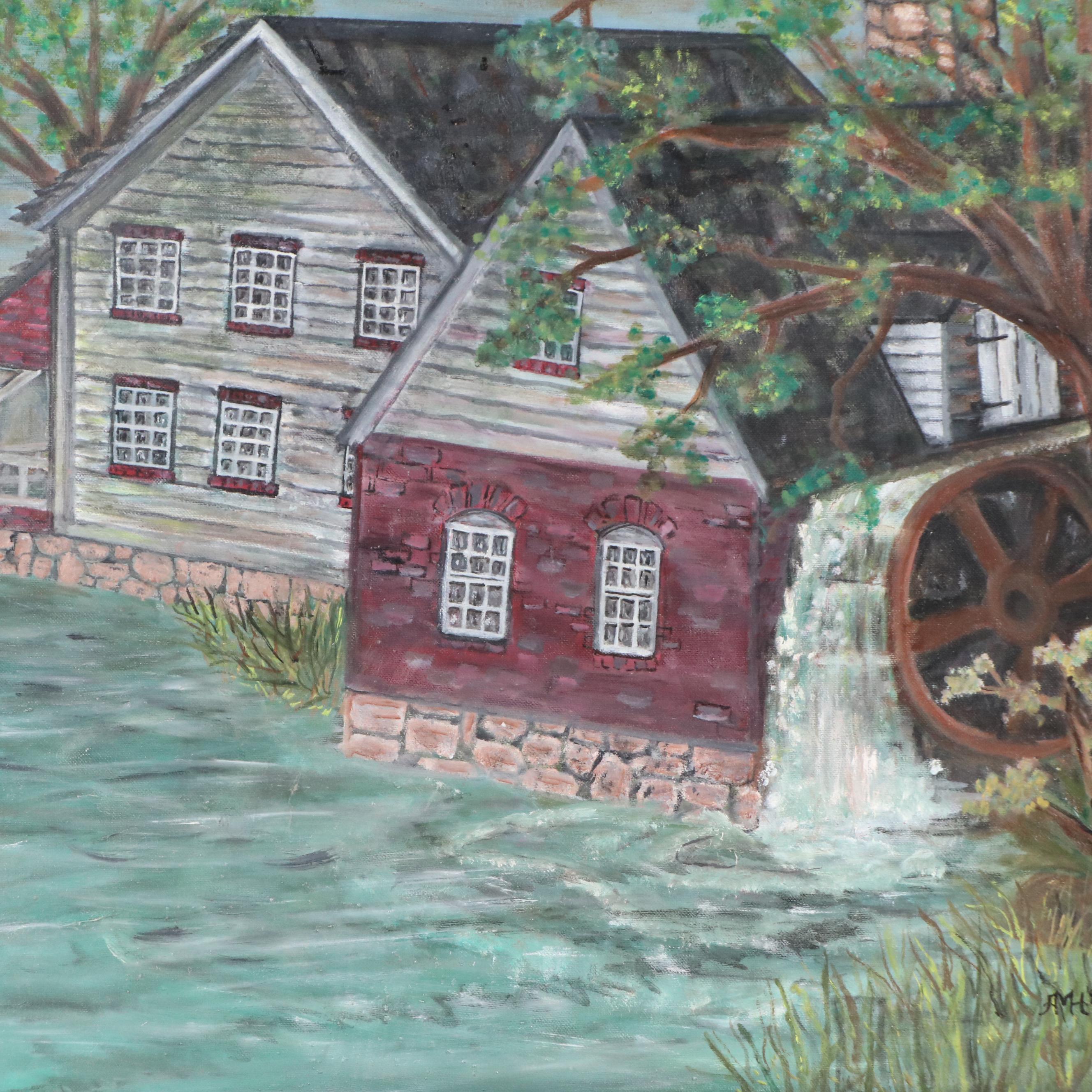 Folk Art Water Mill Landscape Oil Painting, 1989