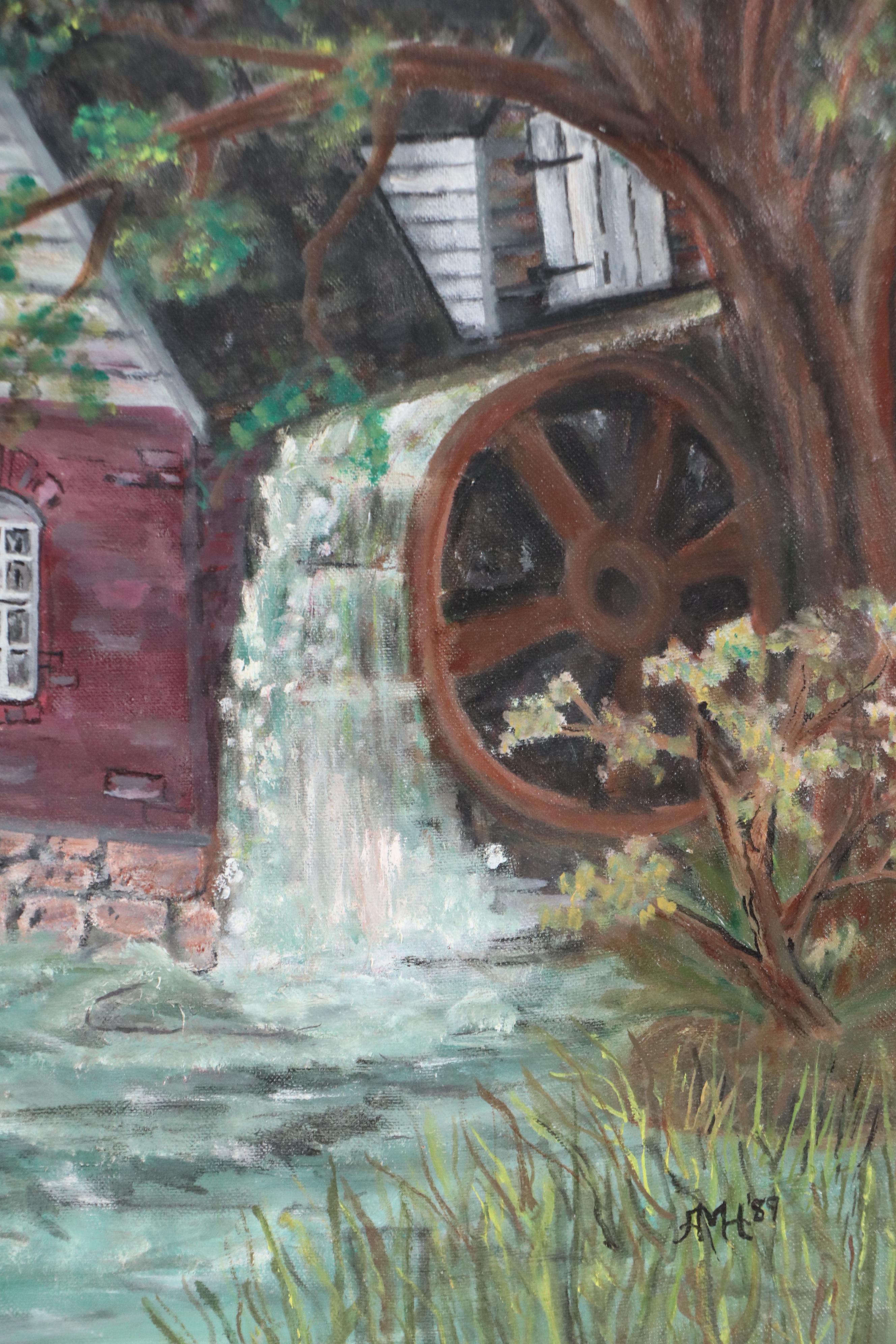 Folk Art Water Mill Landscape Oil Painting, 1989