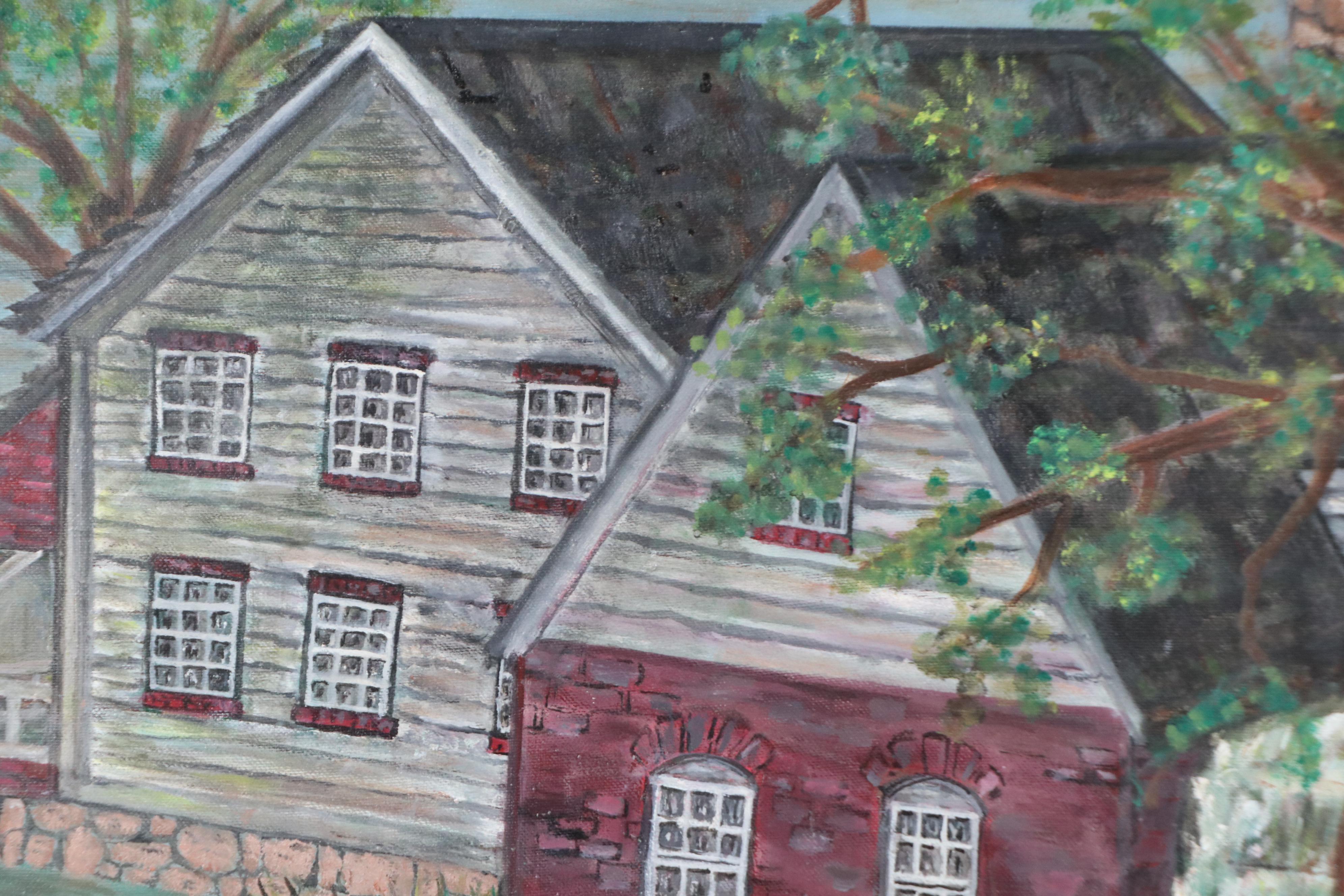 Folk Art Water Mill Landscape Oil Painting, 1989