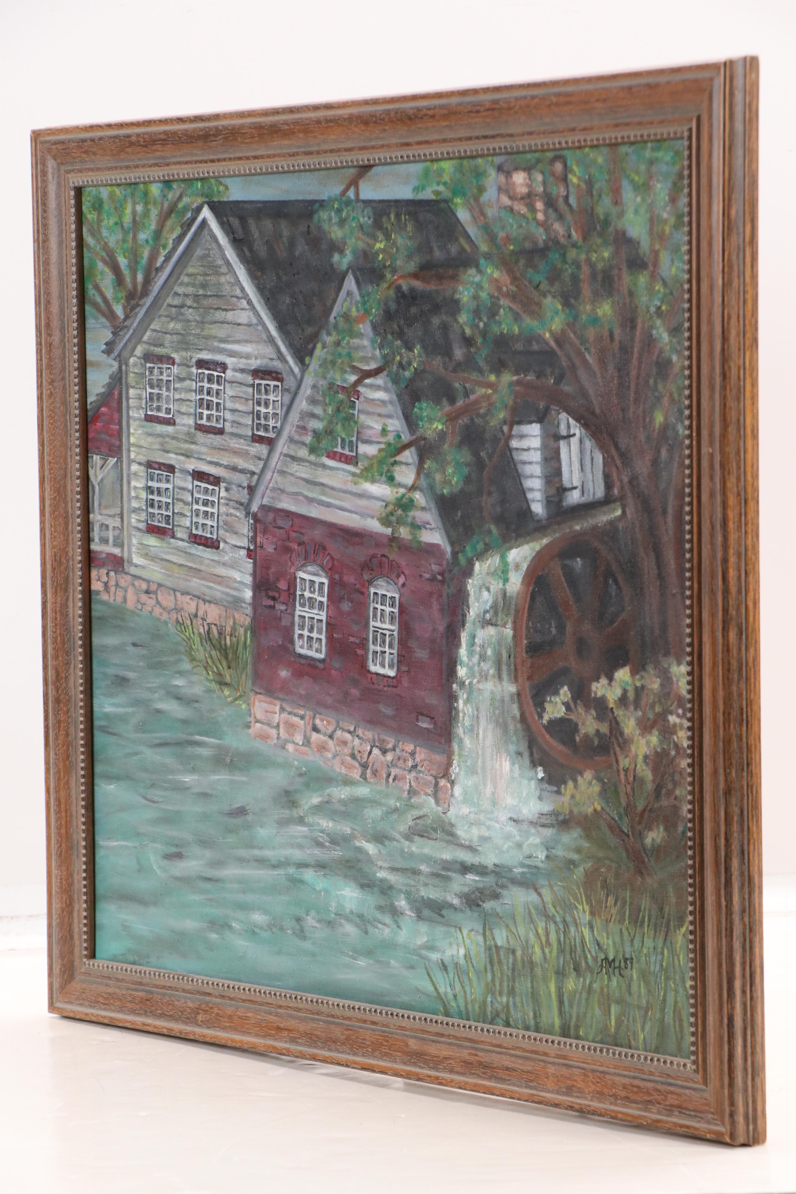 Folk Art Water Mill Landscape Oil Painting, 1989