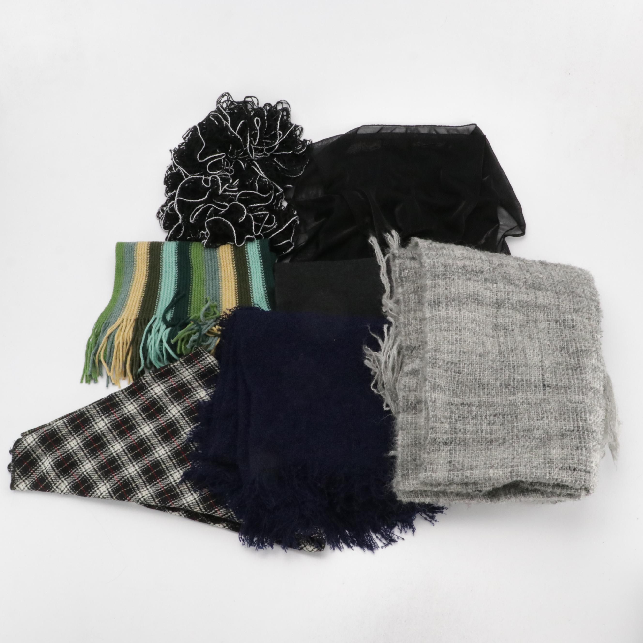 Amana Plaid Wool Shawl Scarf with Other Vintage Knit Scarves