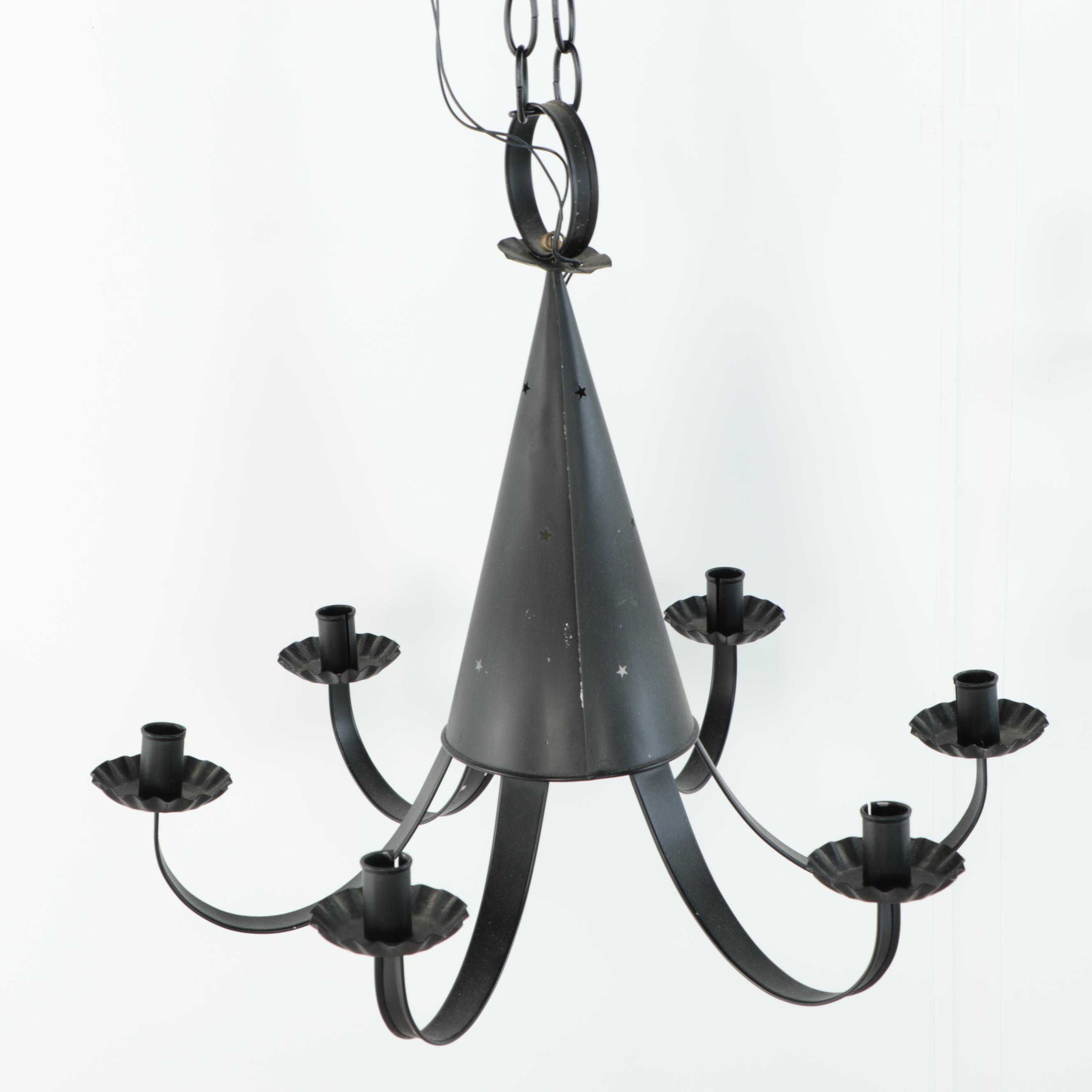 Primitive Style Star-Pierced Conical Tin Chandelier with Electrified Sconce