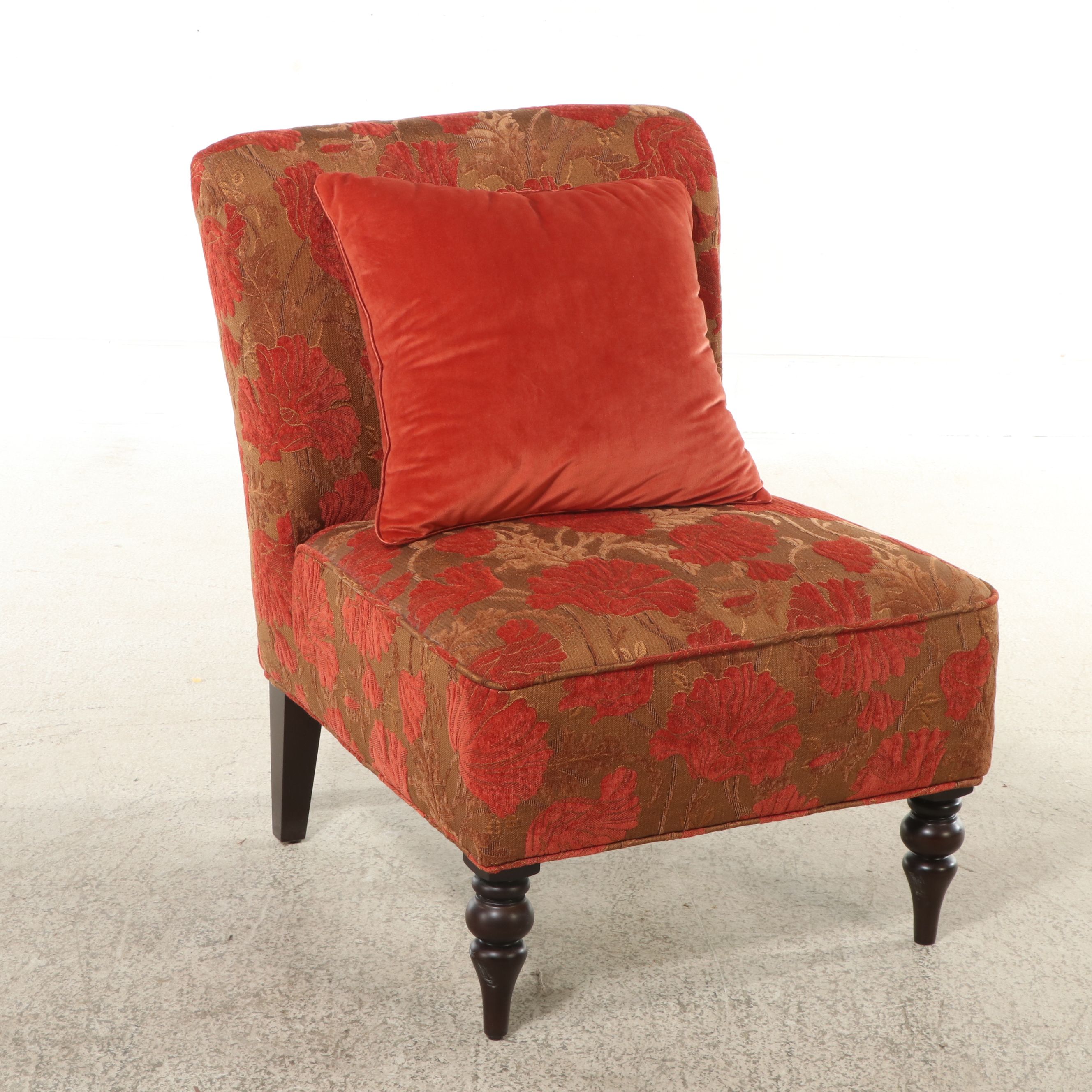 Pier 1 Contemporary Floral Chenille Upholstered Slipper Chair with Throw Pillow