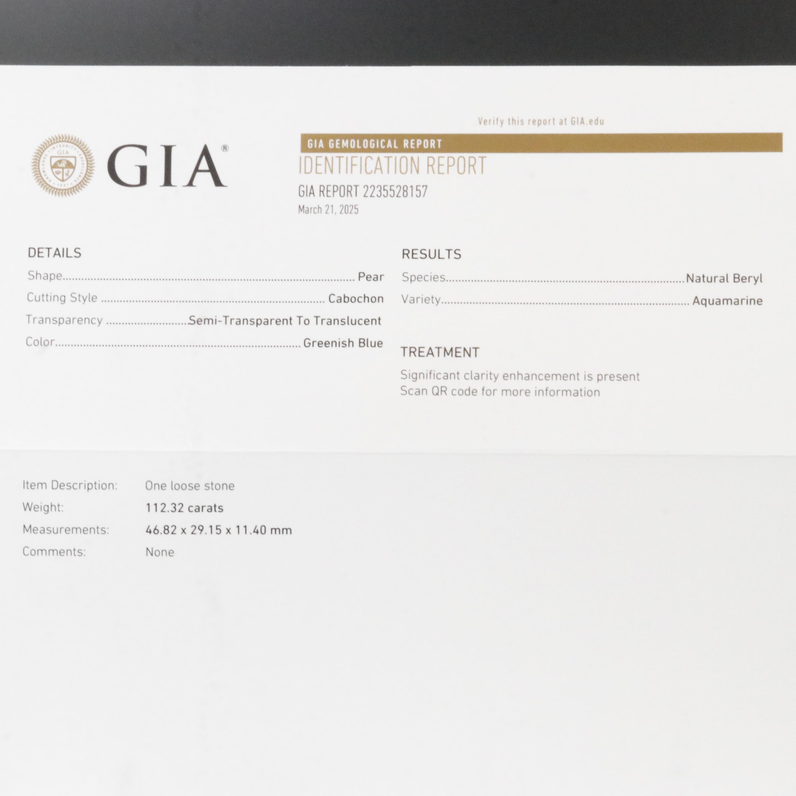 Loose 112.32 CT Aquamarine with GIA Report