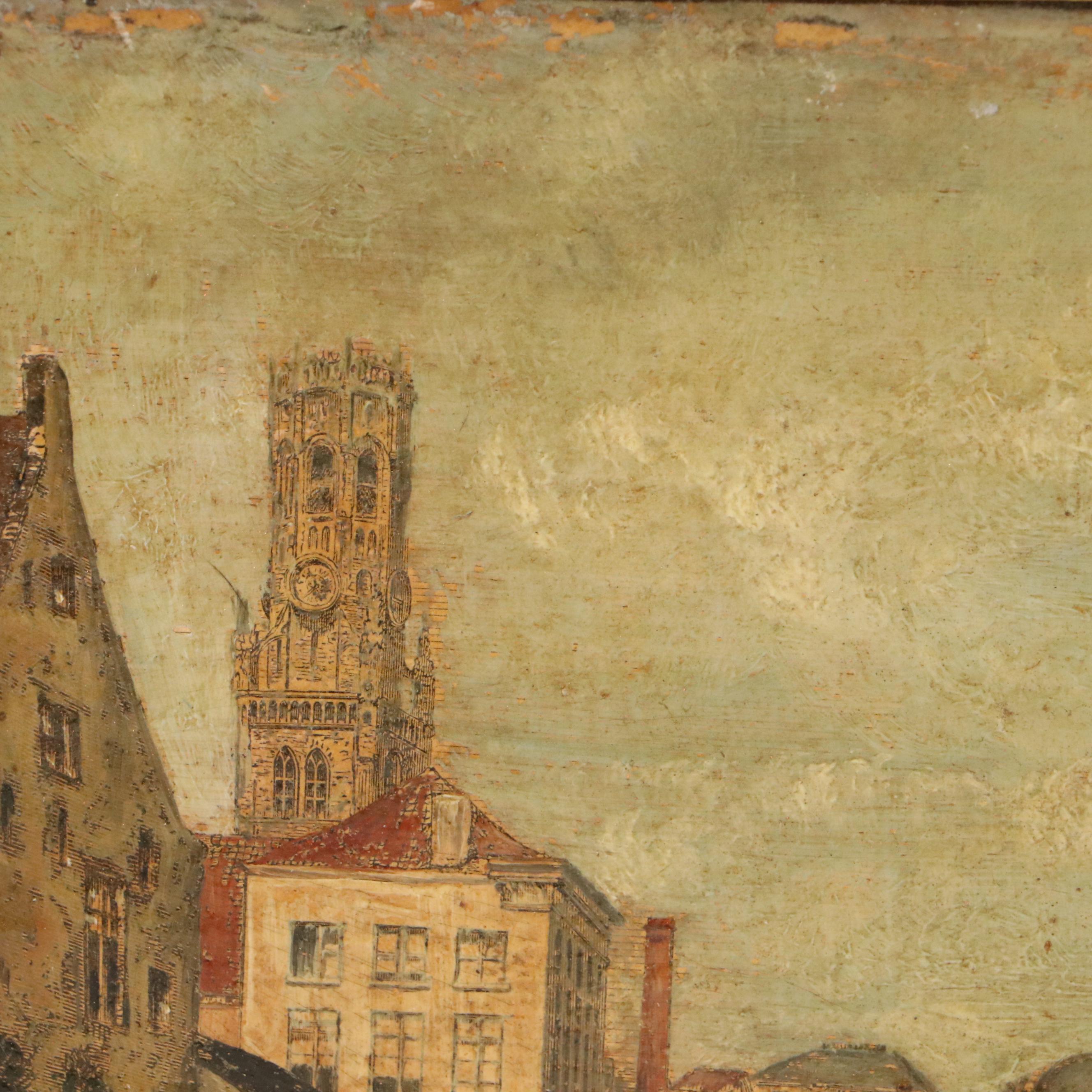 Hand-Painted Print of European City, Late 19th to Early 20th Century