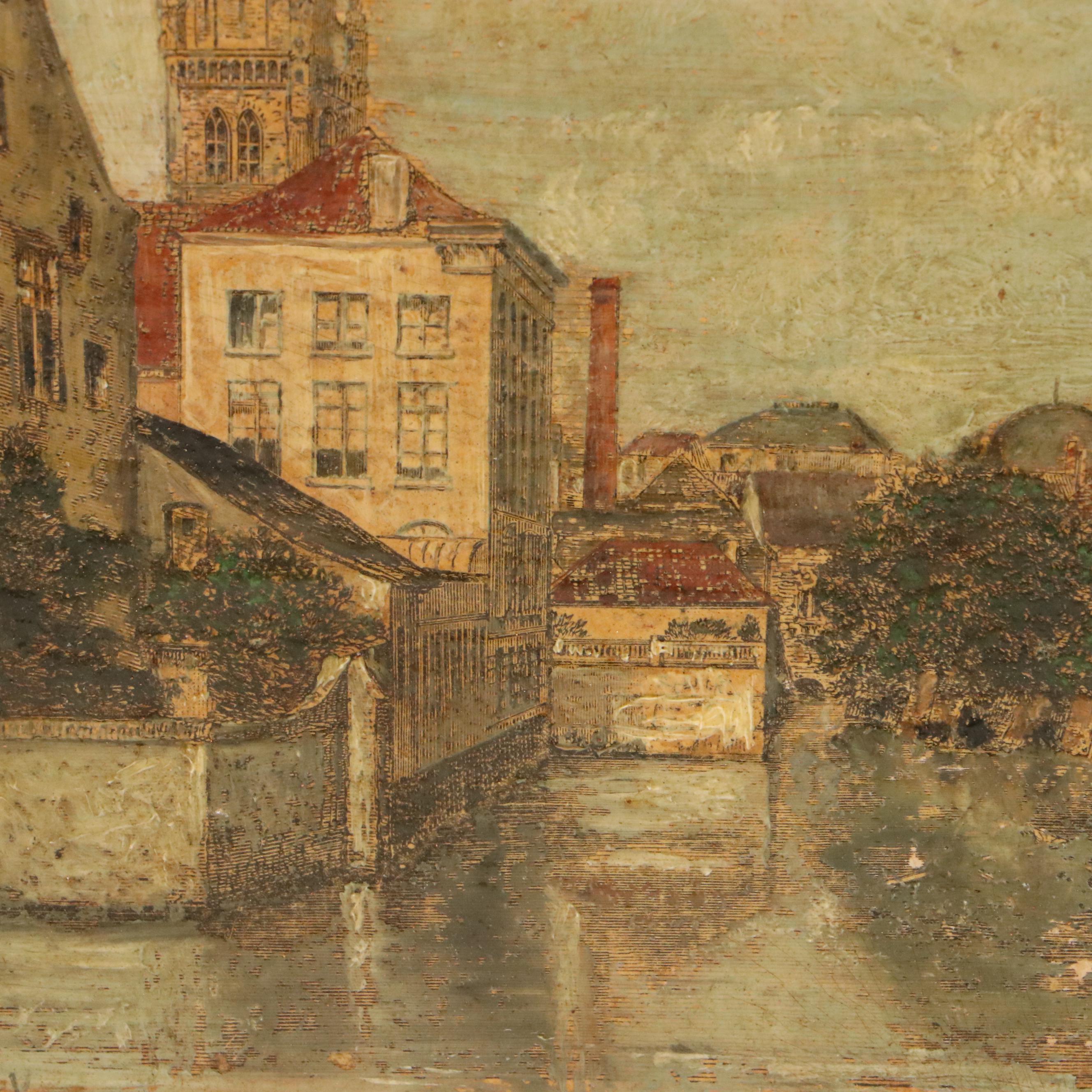 Hand-Painted Print of European City, Late 19th to Early 20th Century