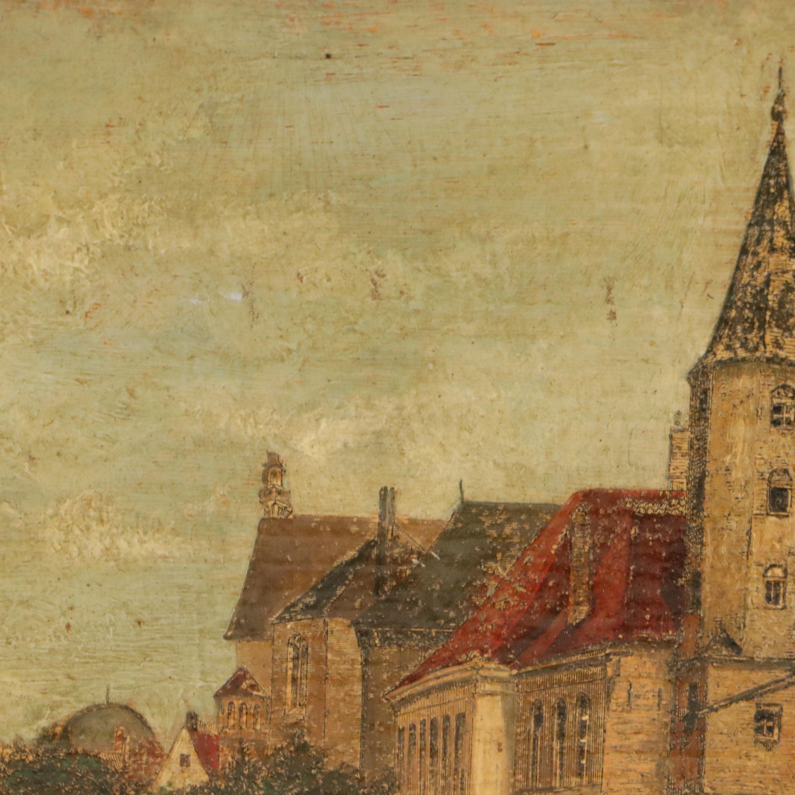 Hand-Painted Print of European City, Late 19th to Early 20th Century