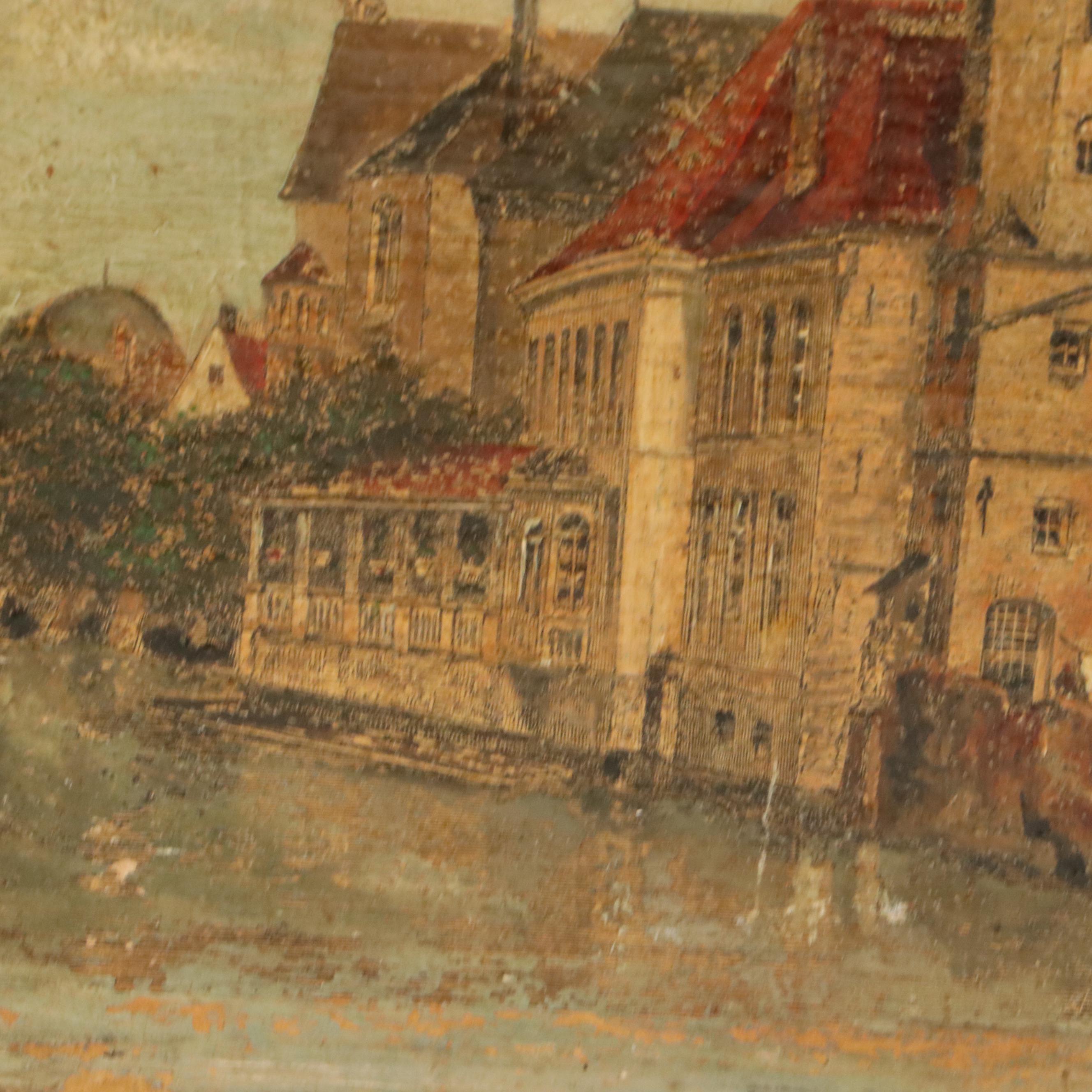 Hand-Painted Print of European City, Late 19th to Early 20th Century