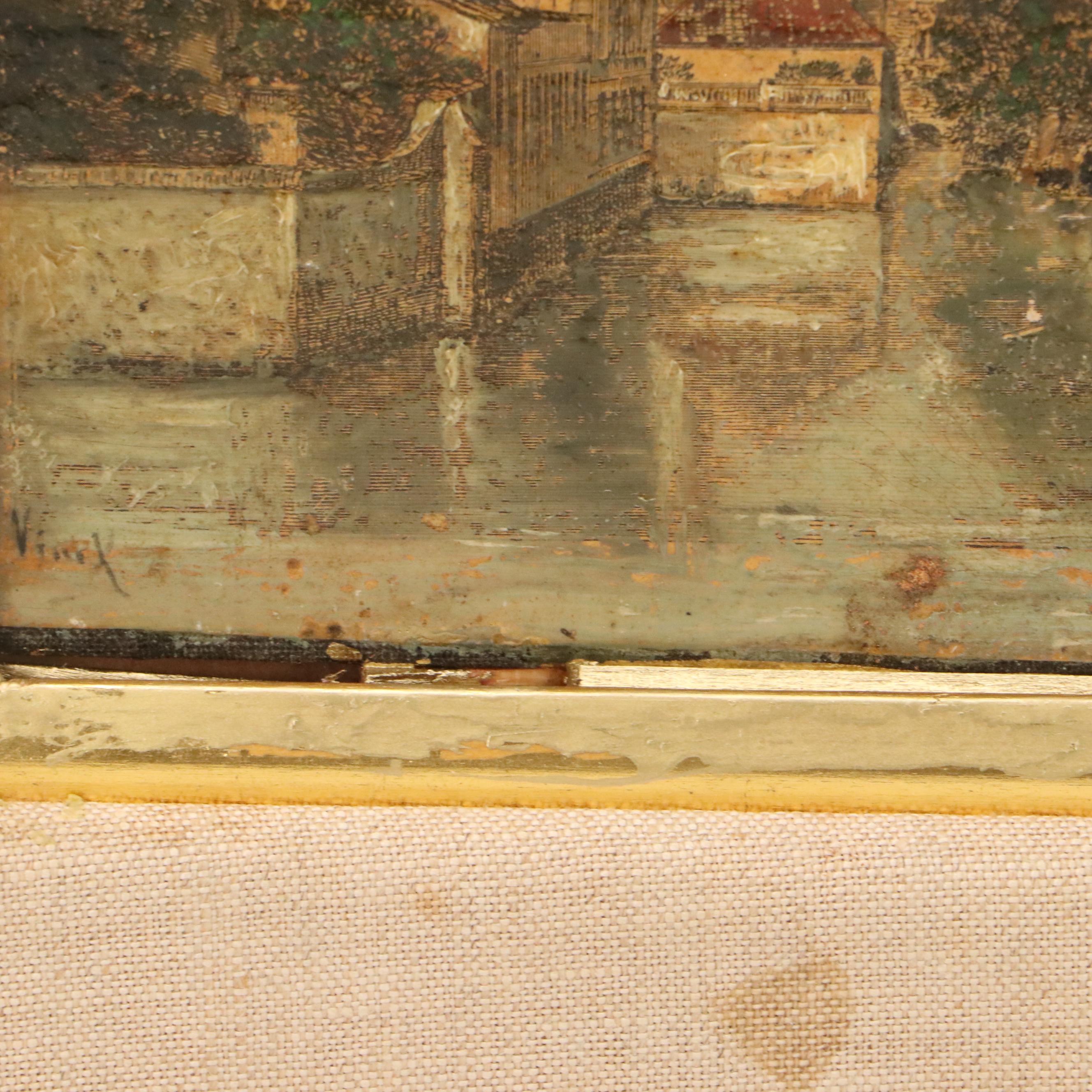 Hand-Painted Print of European City, Late 19th to Early 20th Century