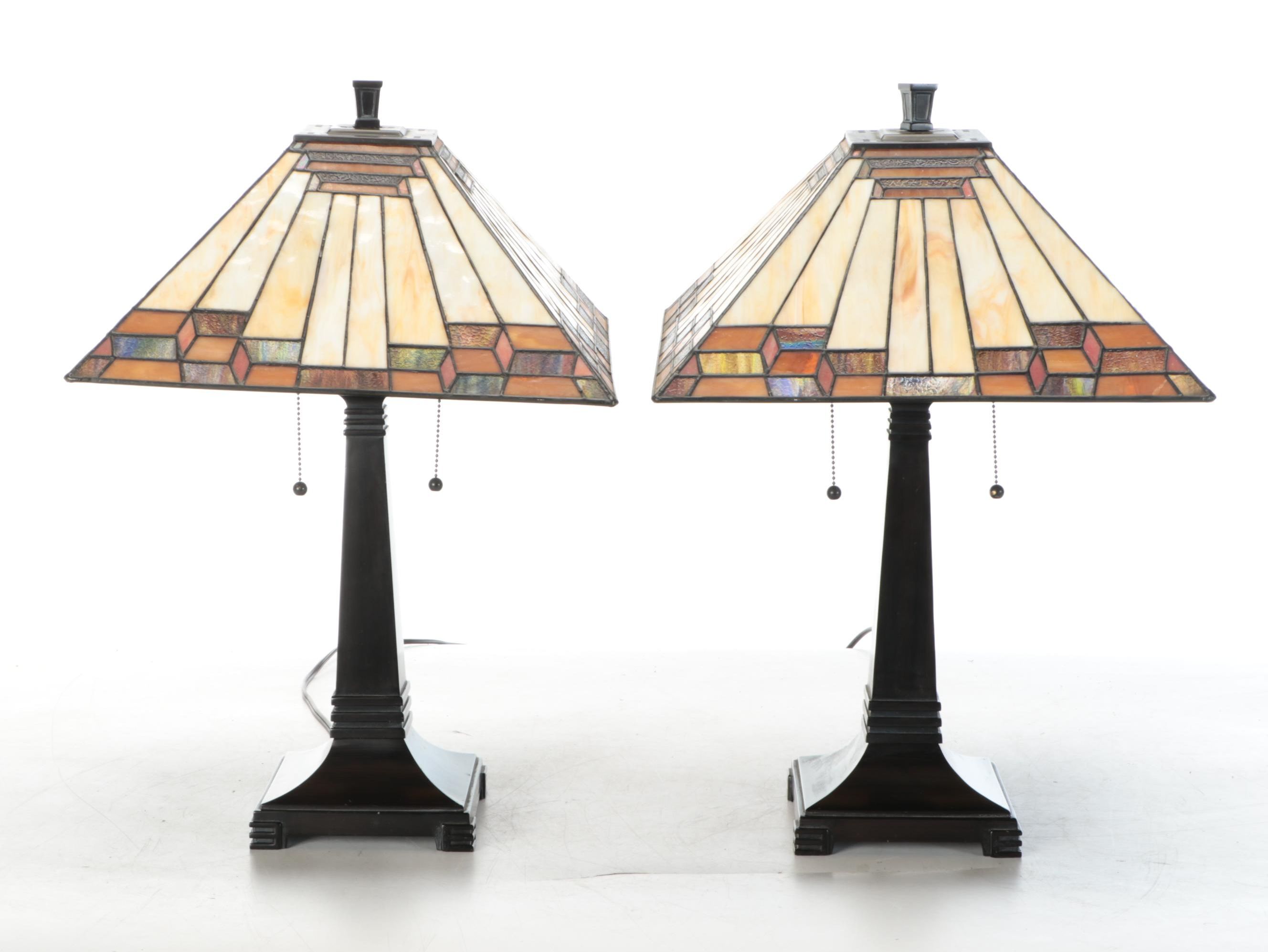 Prairie Style ORB Metal Table Lamps with Slag Glass Pyramid Shades