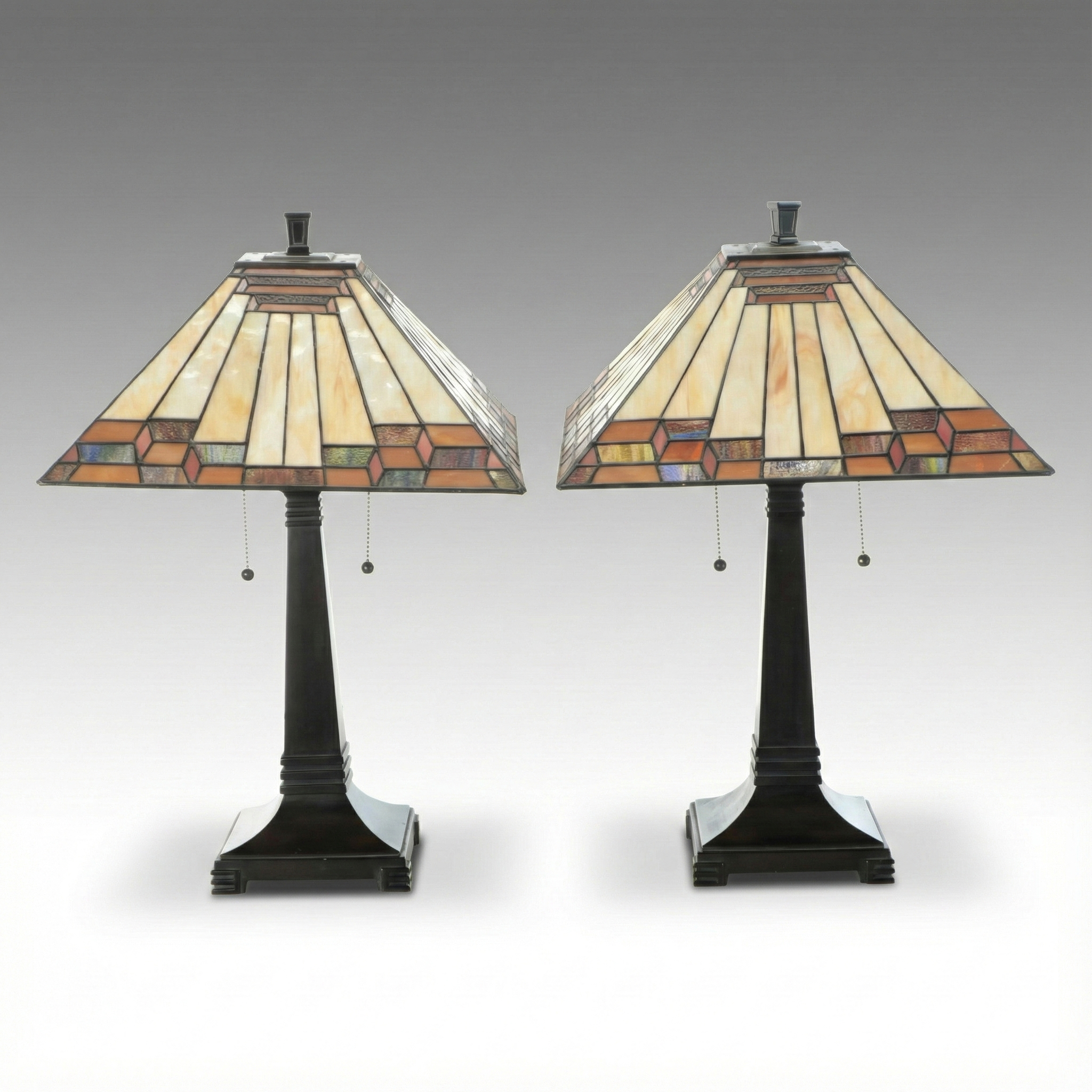 Prairie Style ORB Metal Table Lamps with Slag Glass Pyramid Shades