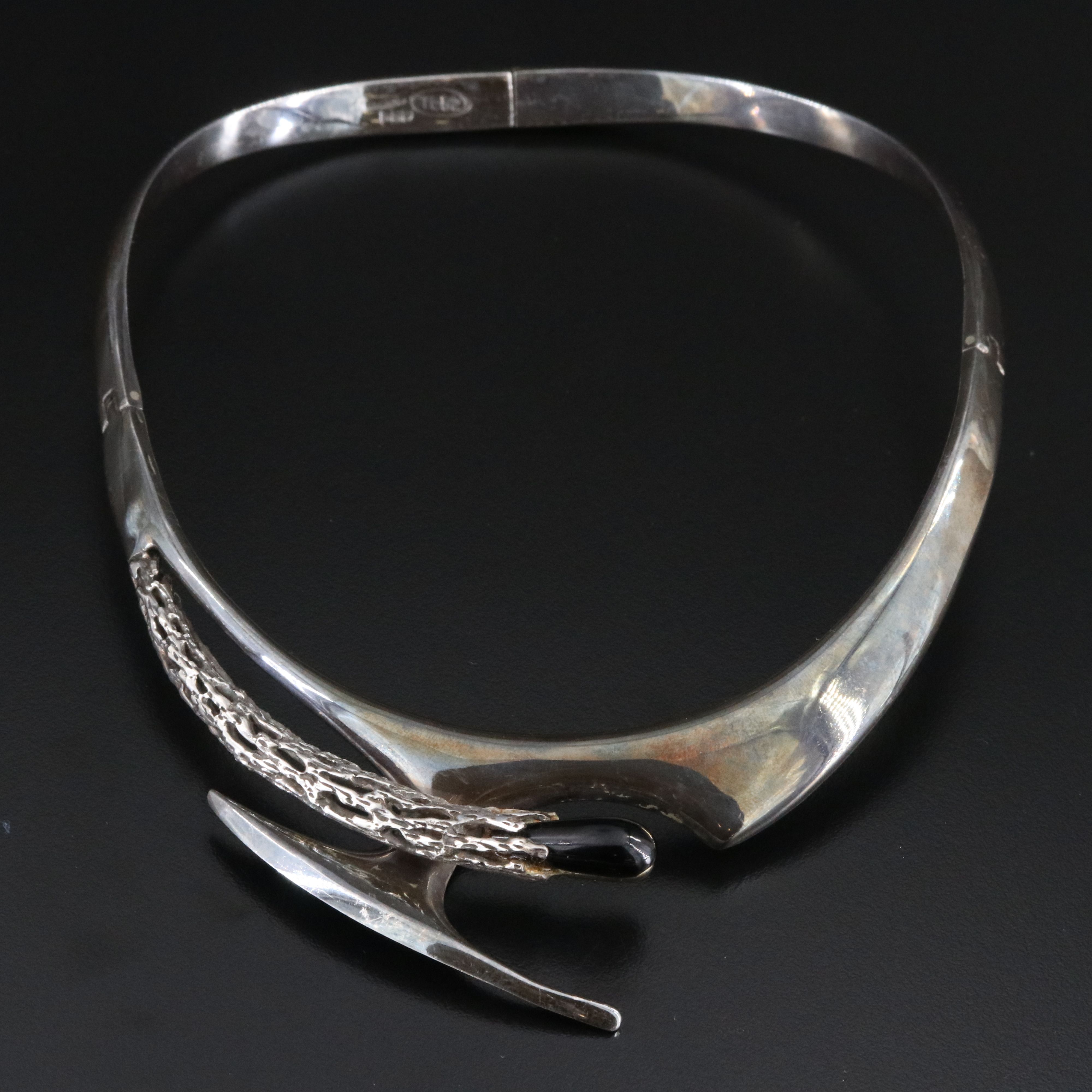 Mexican Modernist 950 Silver Obsidian Collar Necklace