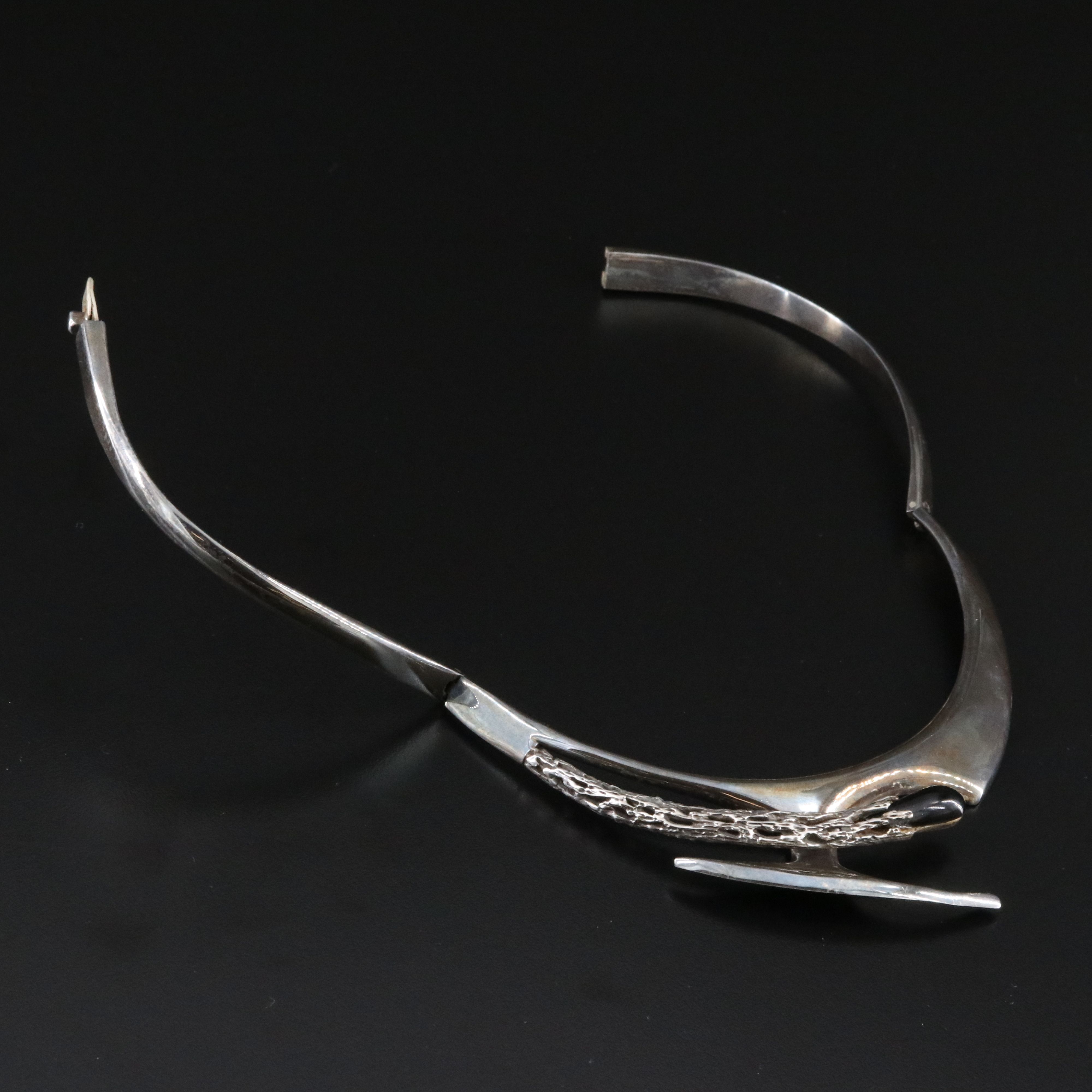 Mexican Modernist 950 Silver Obsidian Collar Necklace