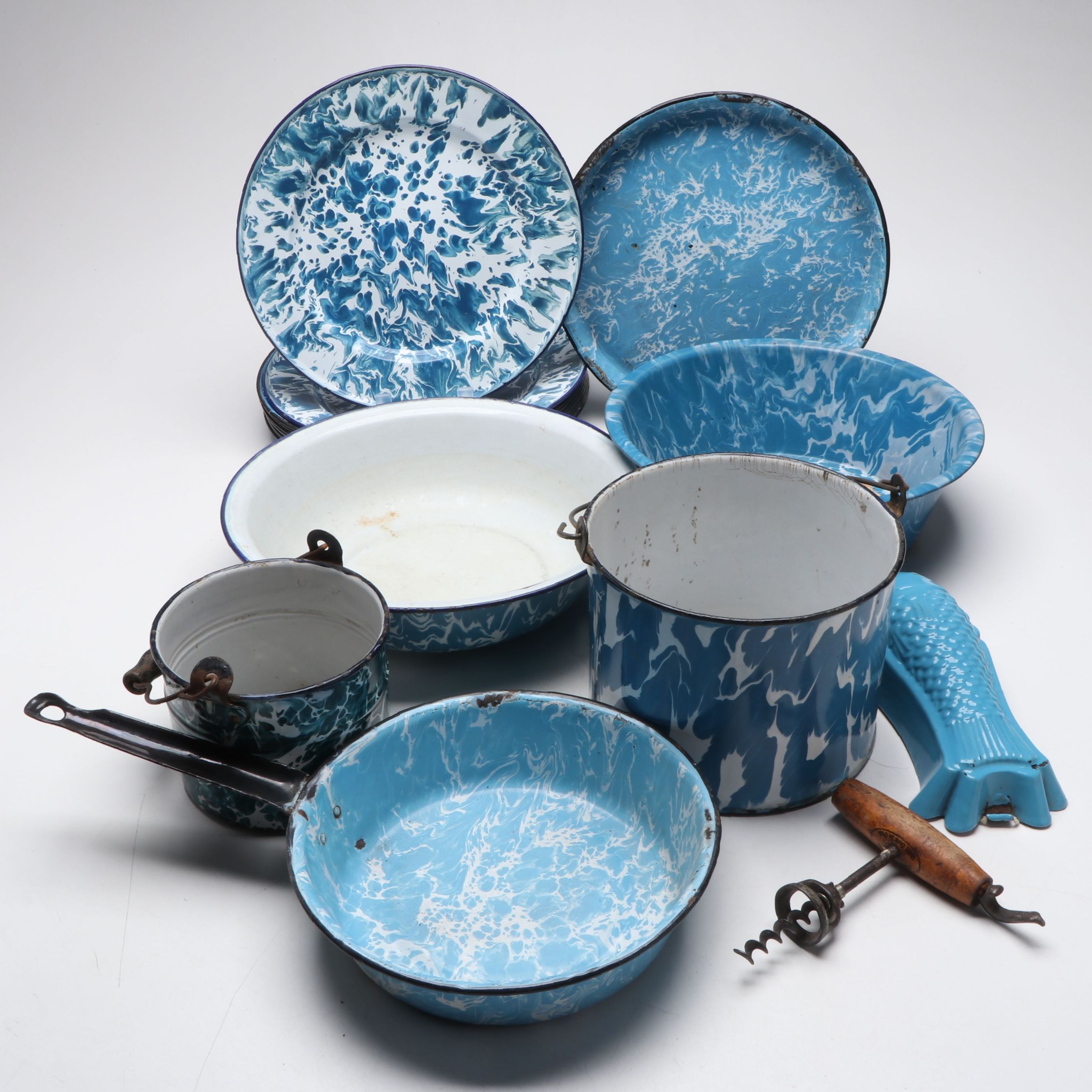 Cooking Pan, Plates and Other Blue Speckled and Marbled Enamelware