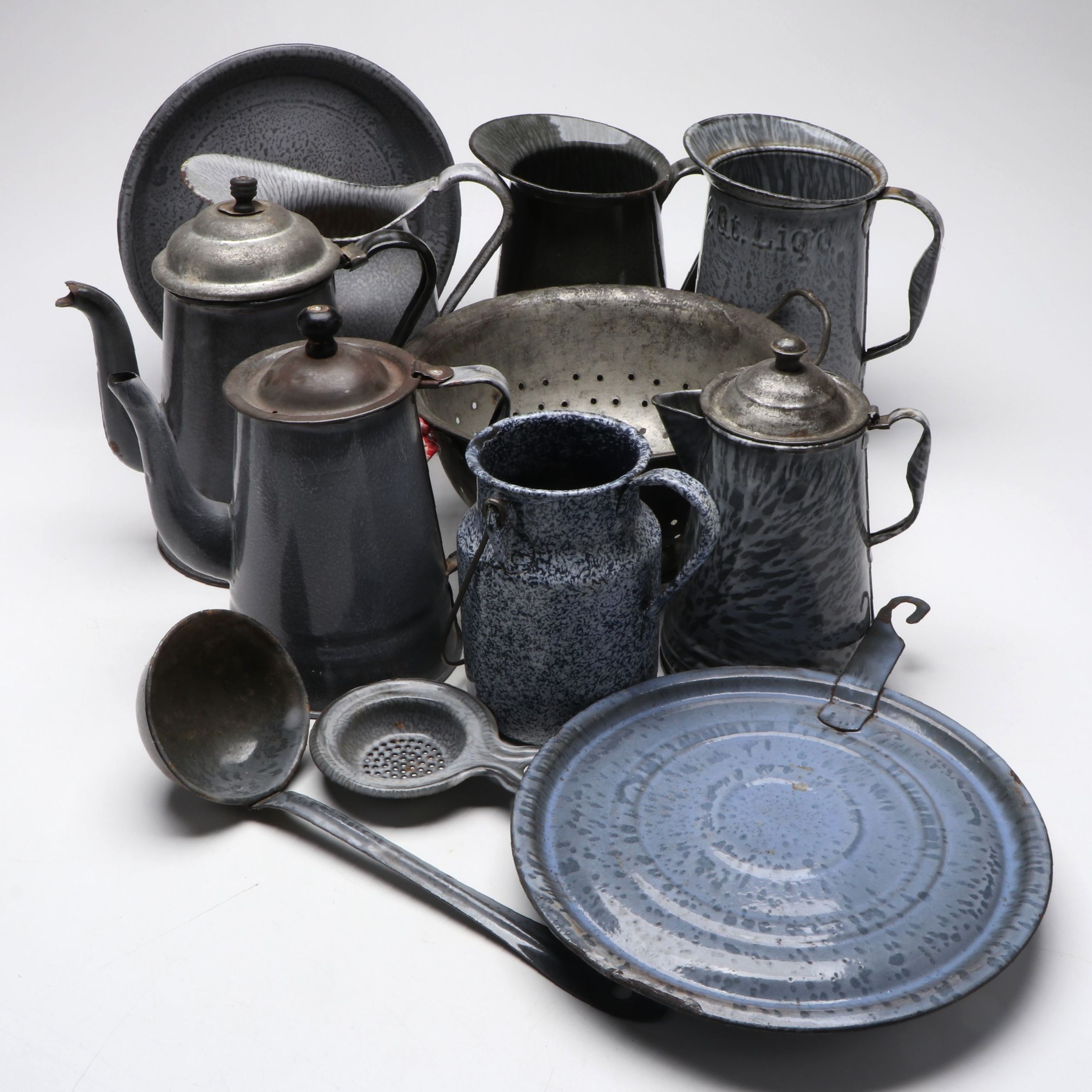L.G. Mfg. Co. Pitcher with Other Mottled Gray Enamelware