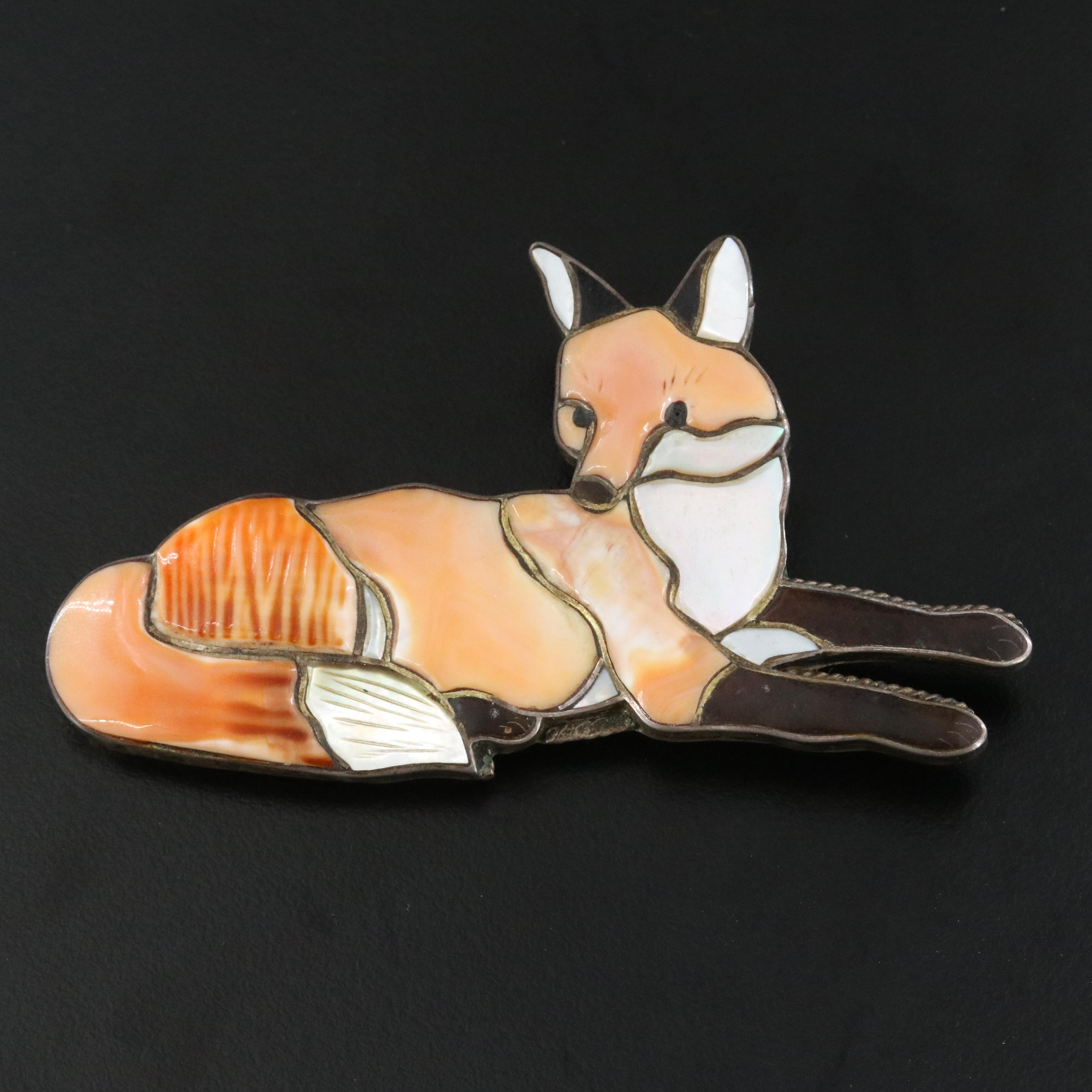 Virgil & Shirley Benn Zuni, Tewa Sterling Gemstone Inlay Fox Brooch