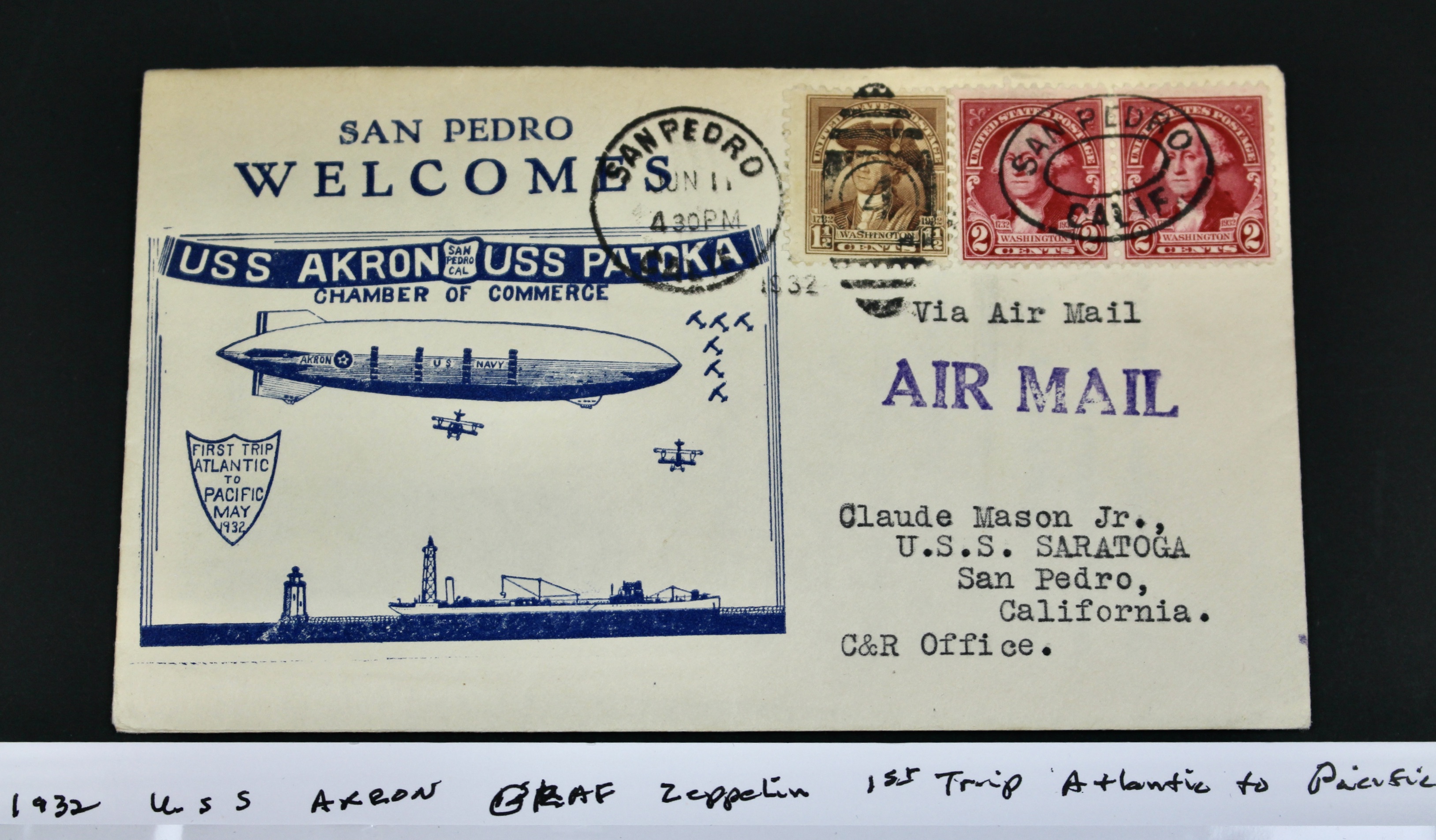 1932 USS Akron Graf Zeppelin Postal Cover, 1st Trip Atlantic to Pacific