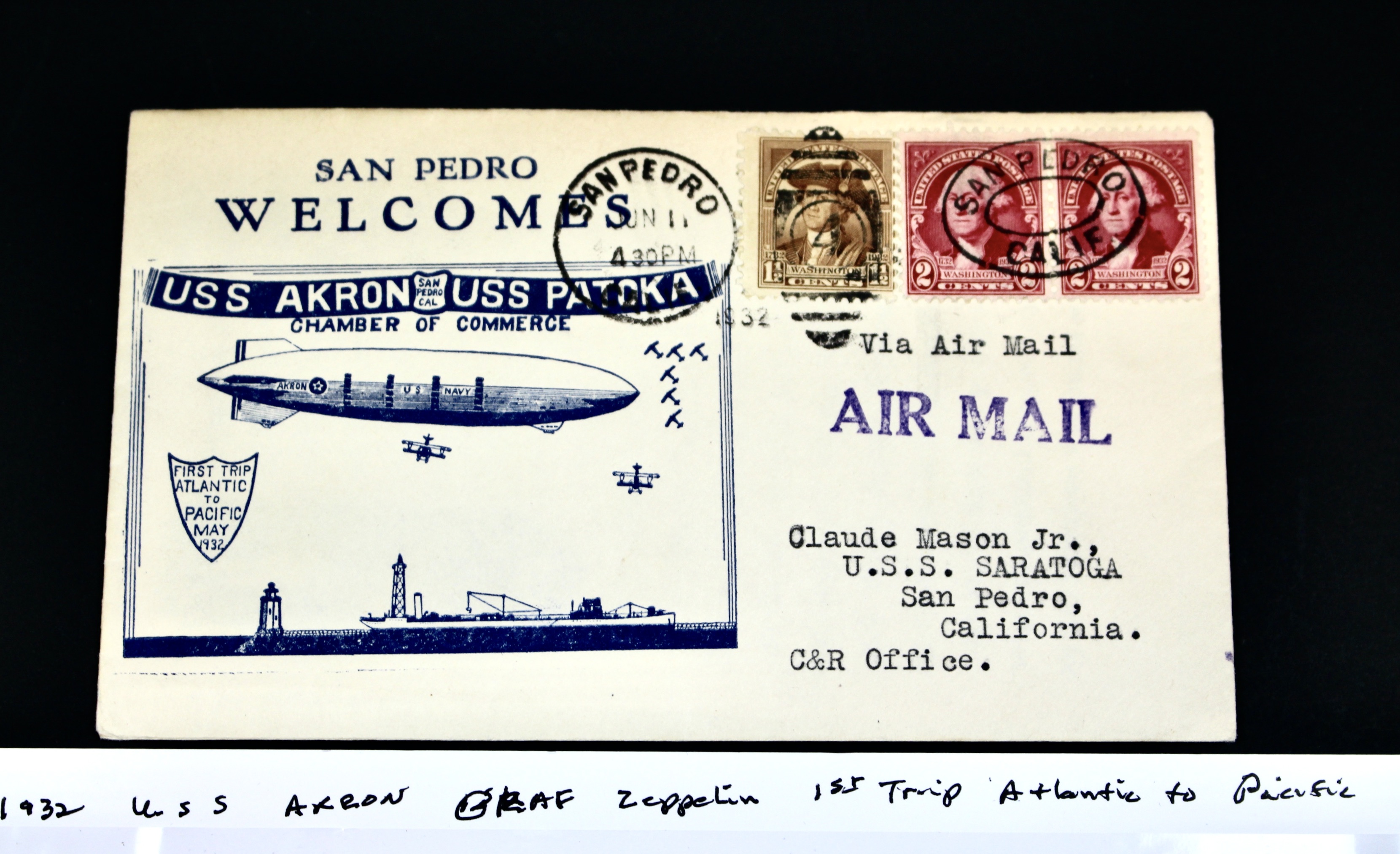 1932 USS Akron Graf Zeppelin Postal Cover, 1st Trip Atlantic to Pacific