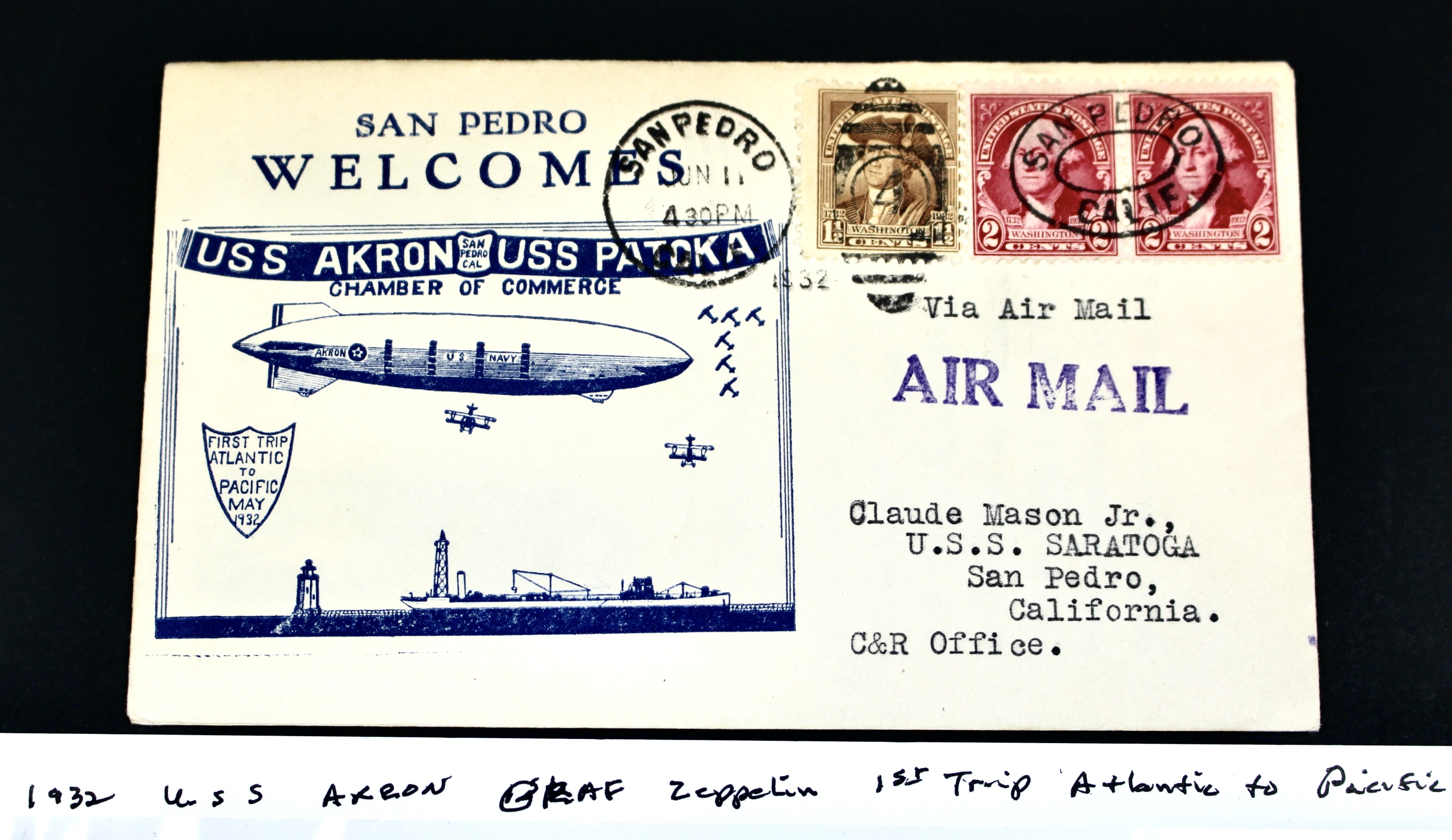 1932 USS Akron Graf Zeppelin Postal Cover, 1st Trip Atlantic to Pacific