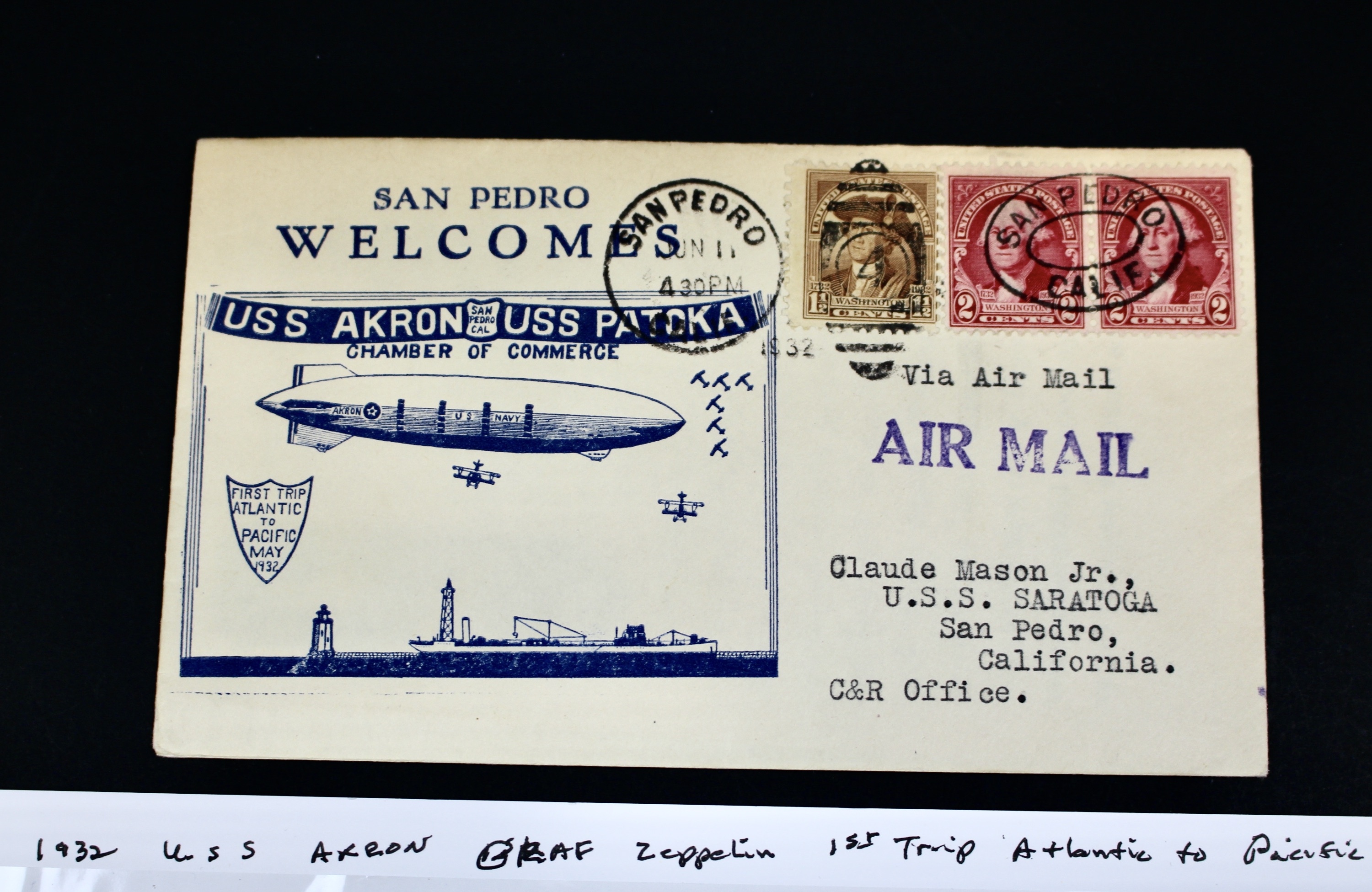 1932 USS Akron Graf Zeppelin Postal Cover, 1st Trip Atlantic to Pacific