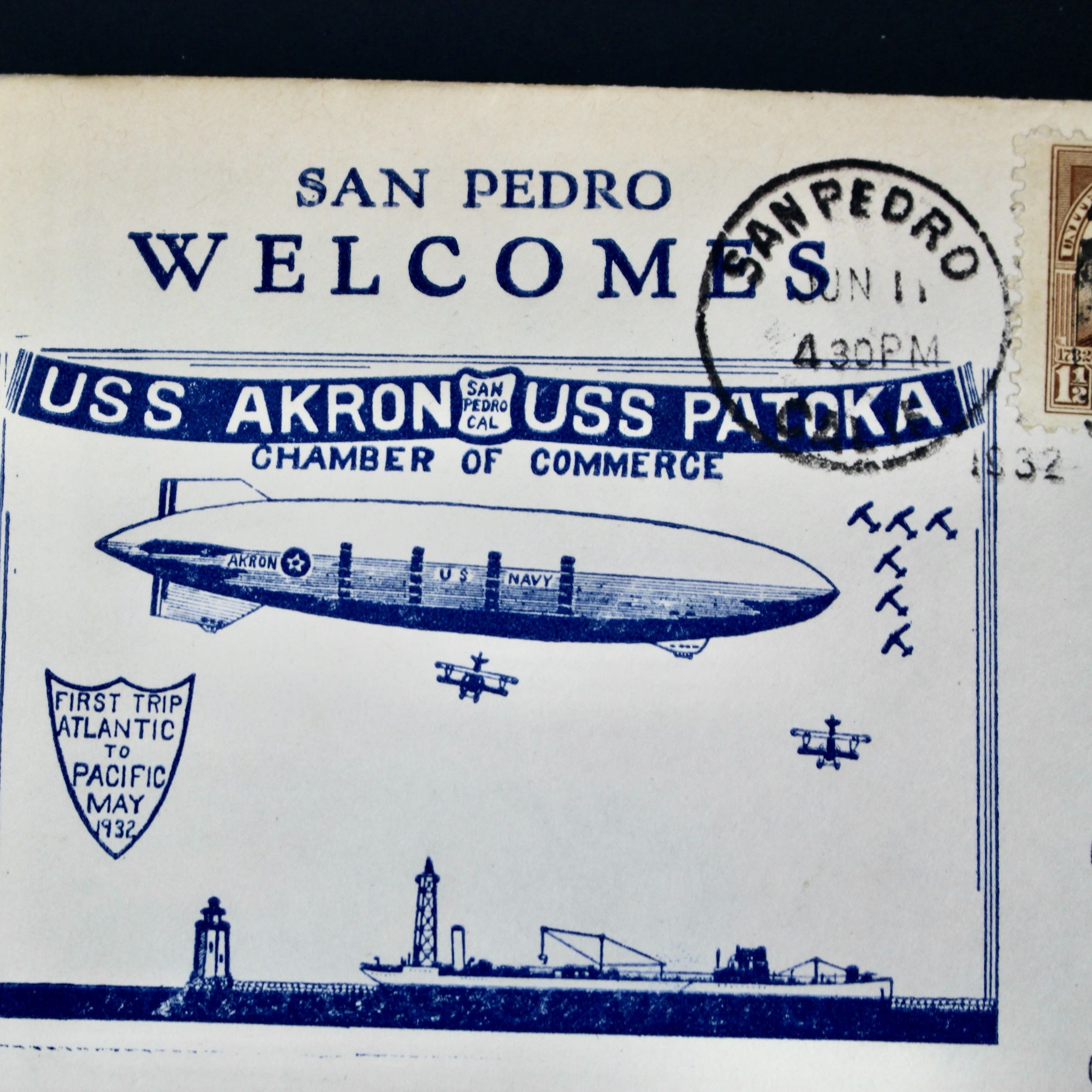 1932 USS Akron Graf Zeppelin Postal Cover, 1st Trip Atlantic to Pacific