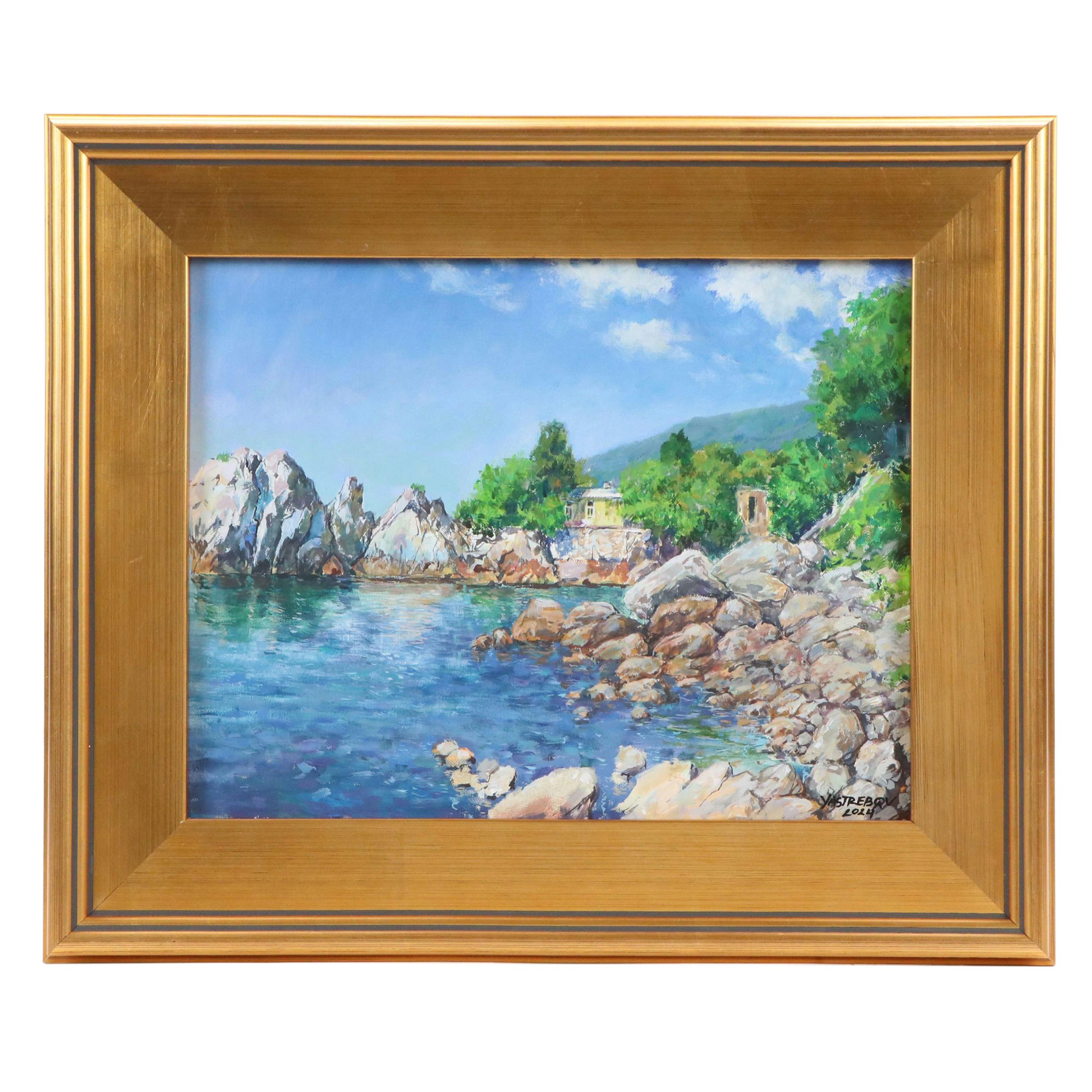 Aleksandr Yastrebov Acrylic Painting of Mediterranean Beach House, 2024