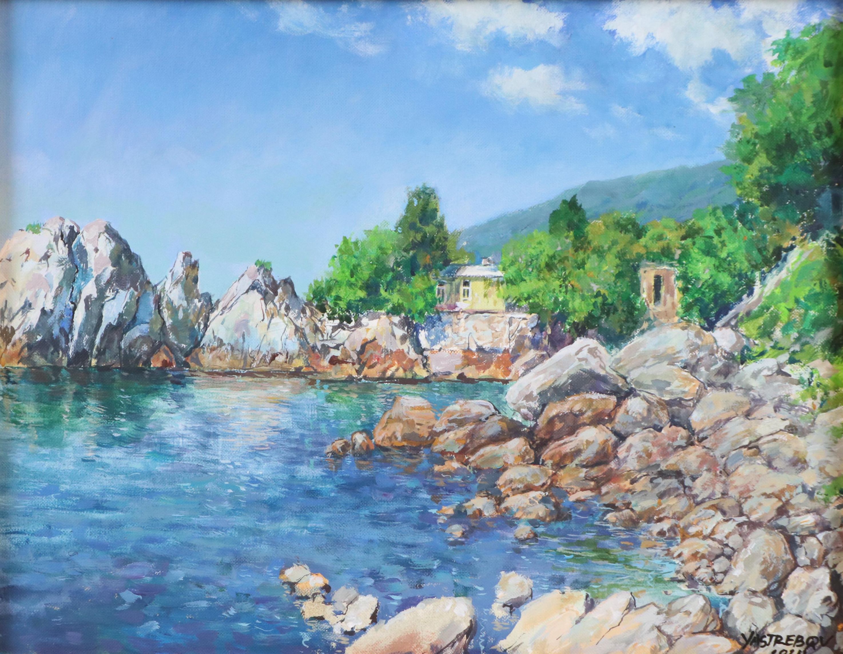 Aleksandr Yastrebov Acrylic Painting of Mediterranean Beach House, 2024