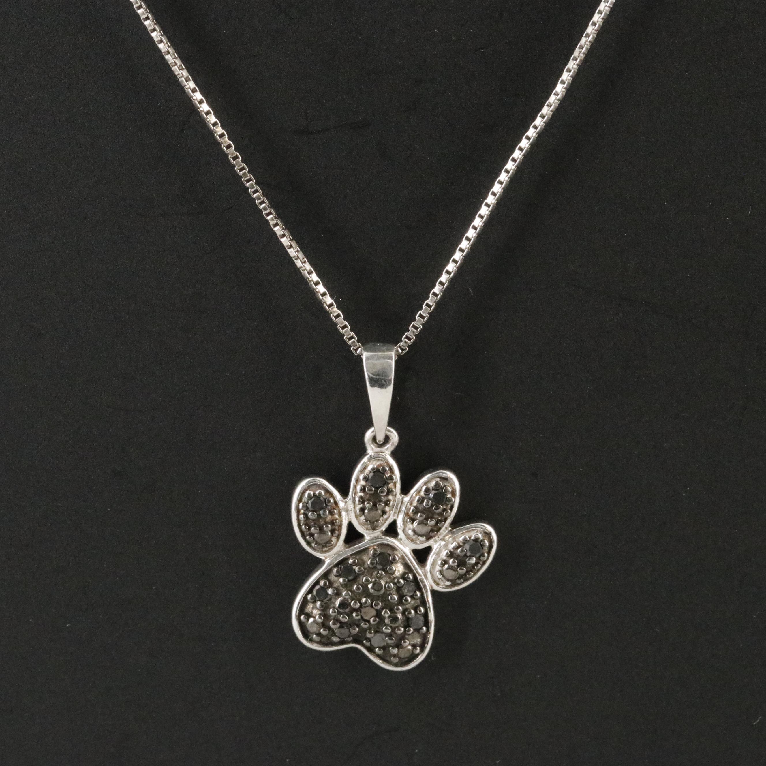 Sterling Fancy Black Diamond Paw Print Necklace