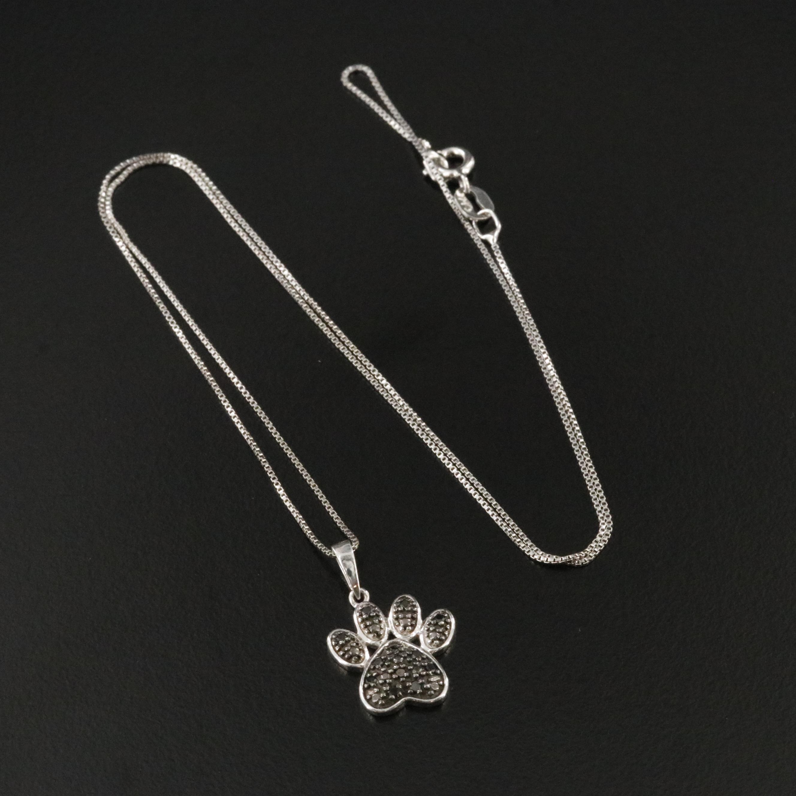 Sterling Fancy Black Diamond Paw Print Necklace