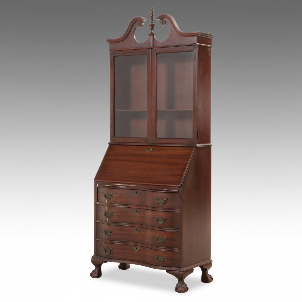Chippendale Style Mahogany Serpentine Front Secretary Desk with Hutch