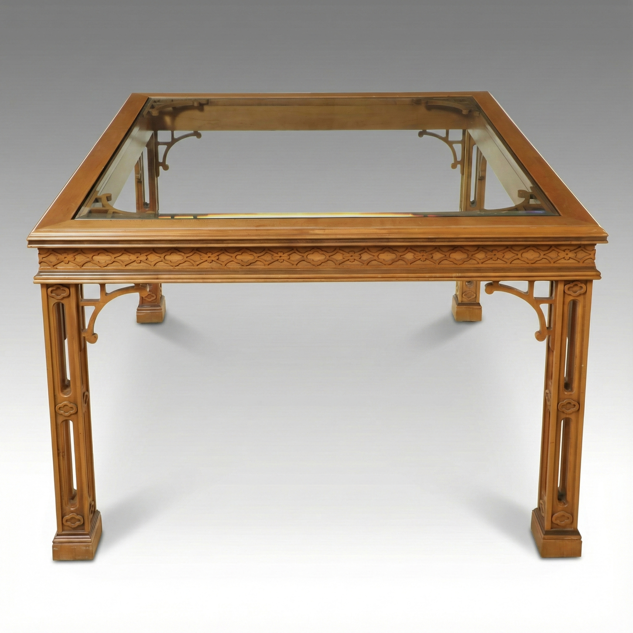 Chippendale Style Fruitwood Dining Table with Glass Top, Late 20th Century