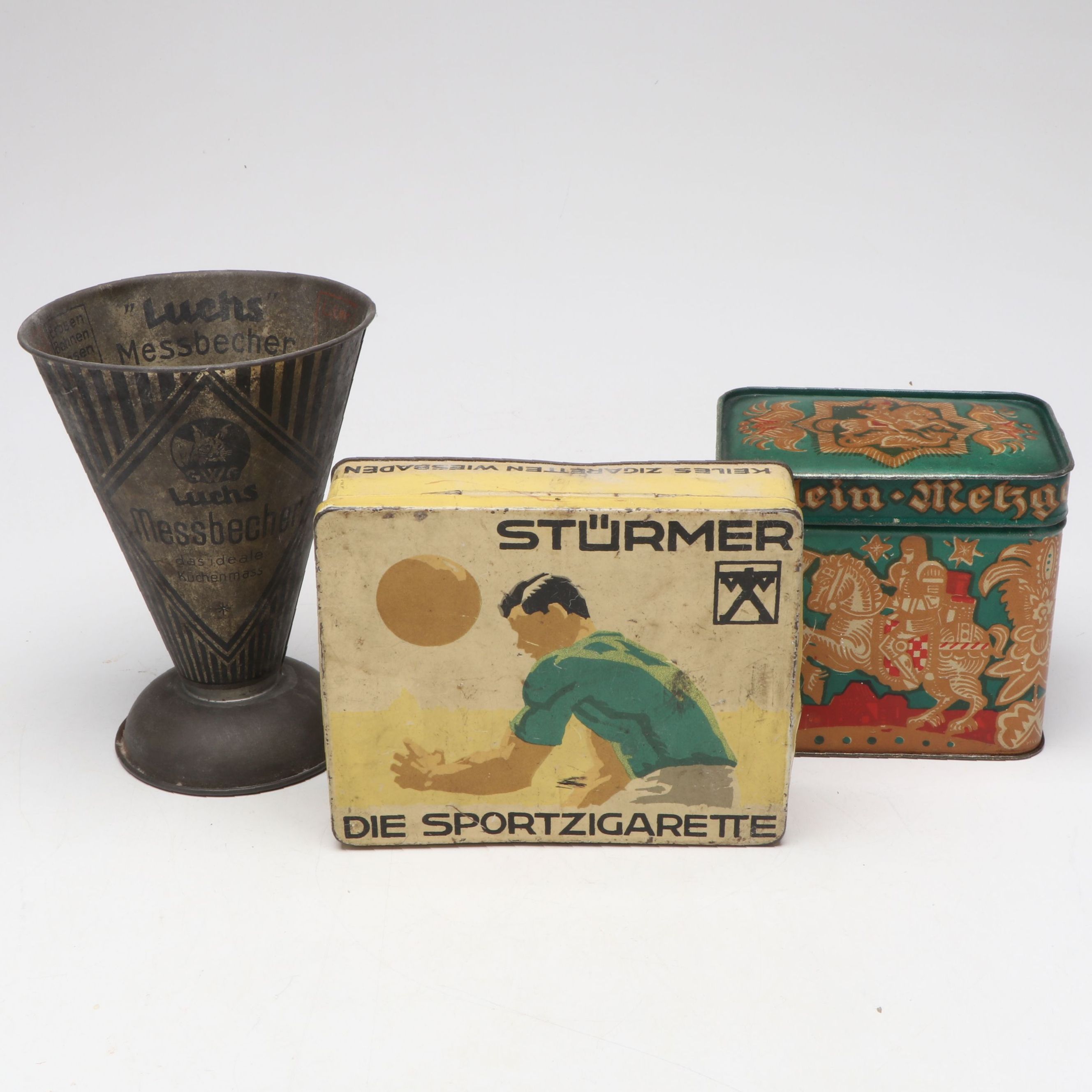 Stürmer Sportzigarette and Other German Tin and Measuring Cup, Early 20th C.
