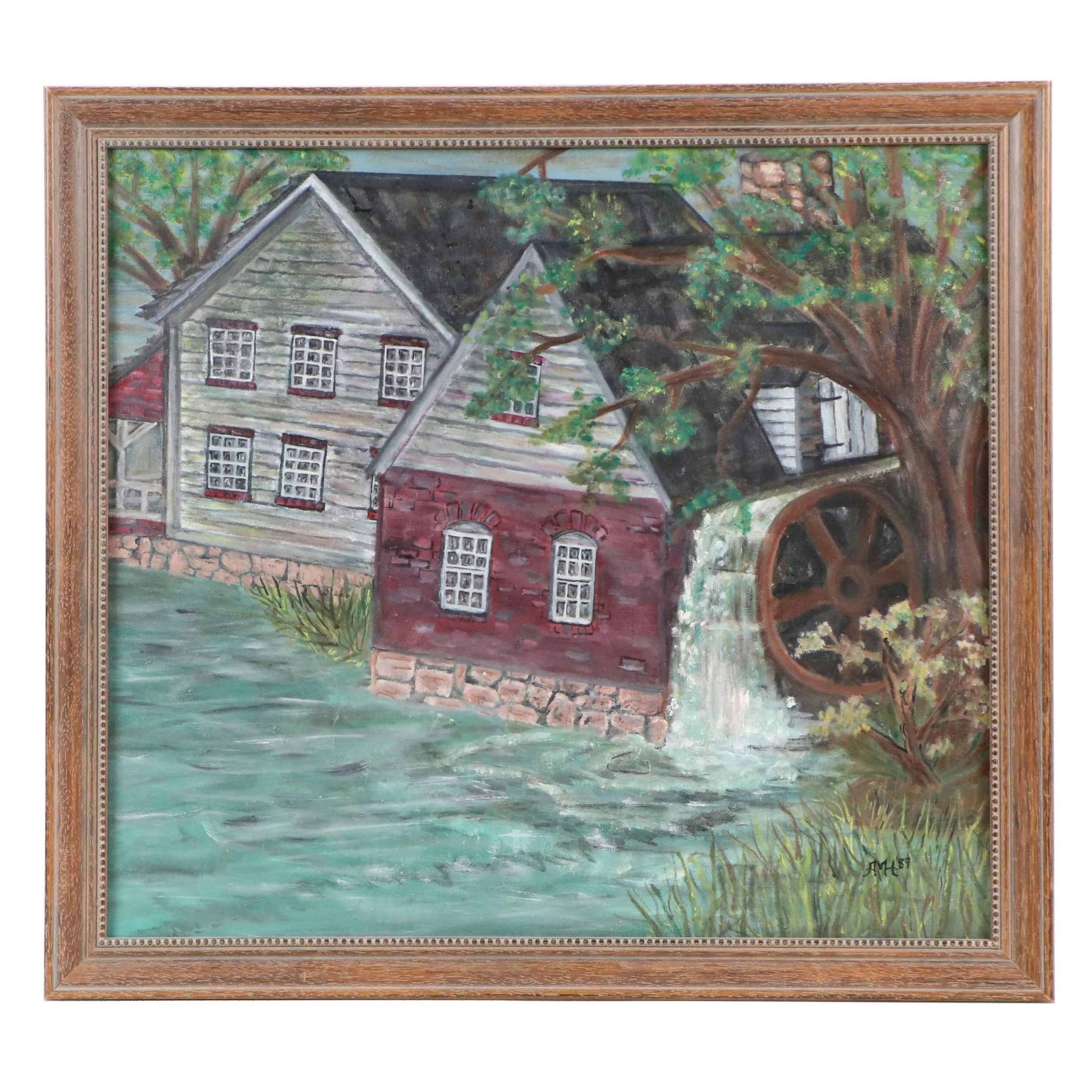 Folk Art Water Mill Landscape Oil Painting, 1989