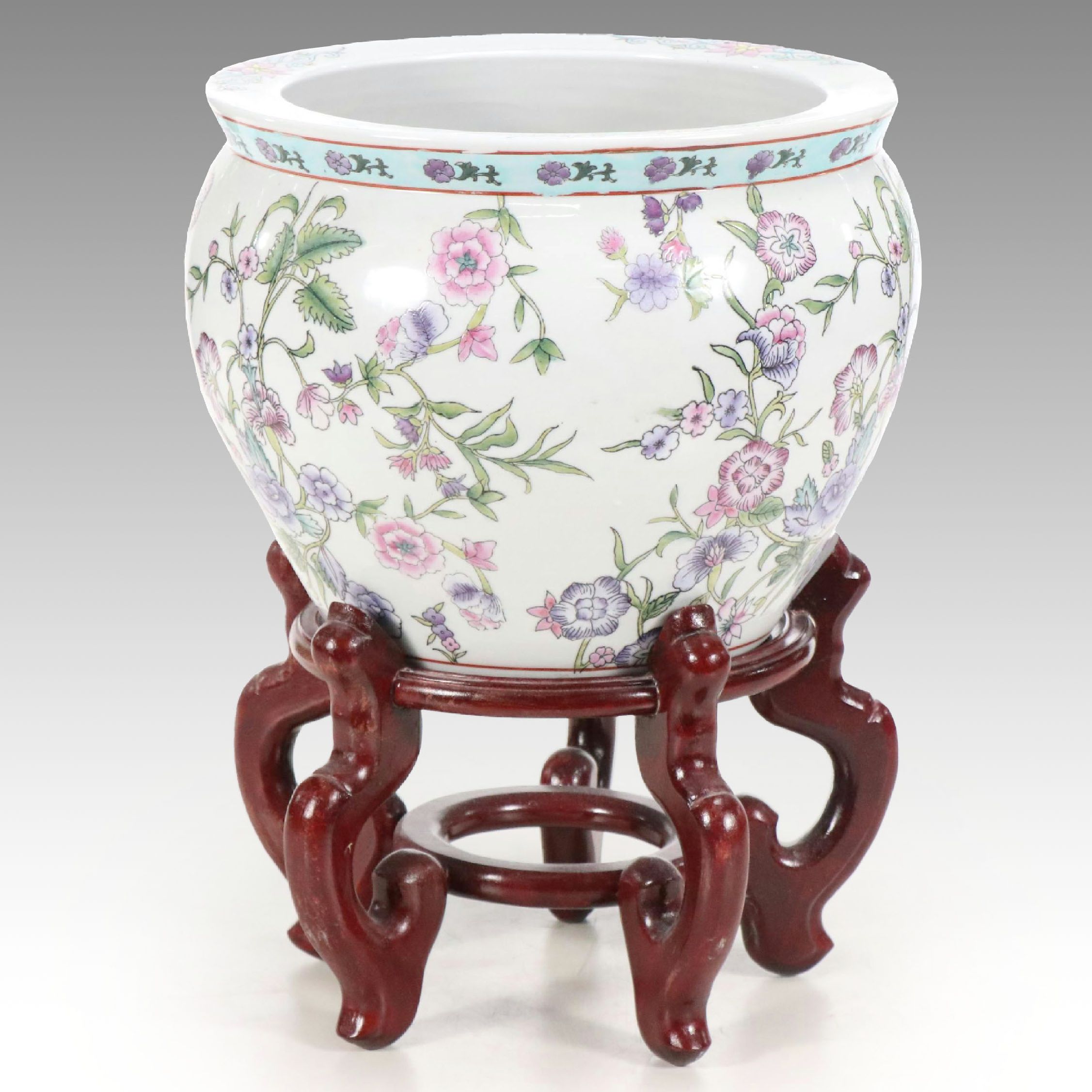 Famille Rose Porcelain Planter with Carved Wooden Base