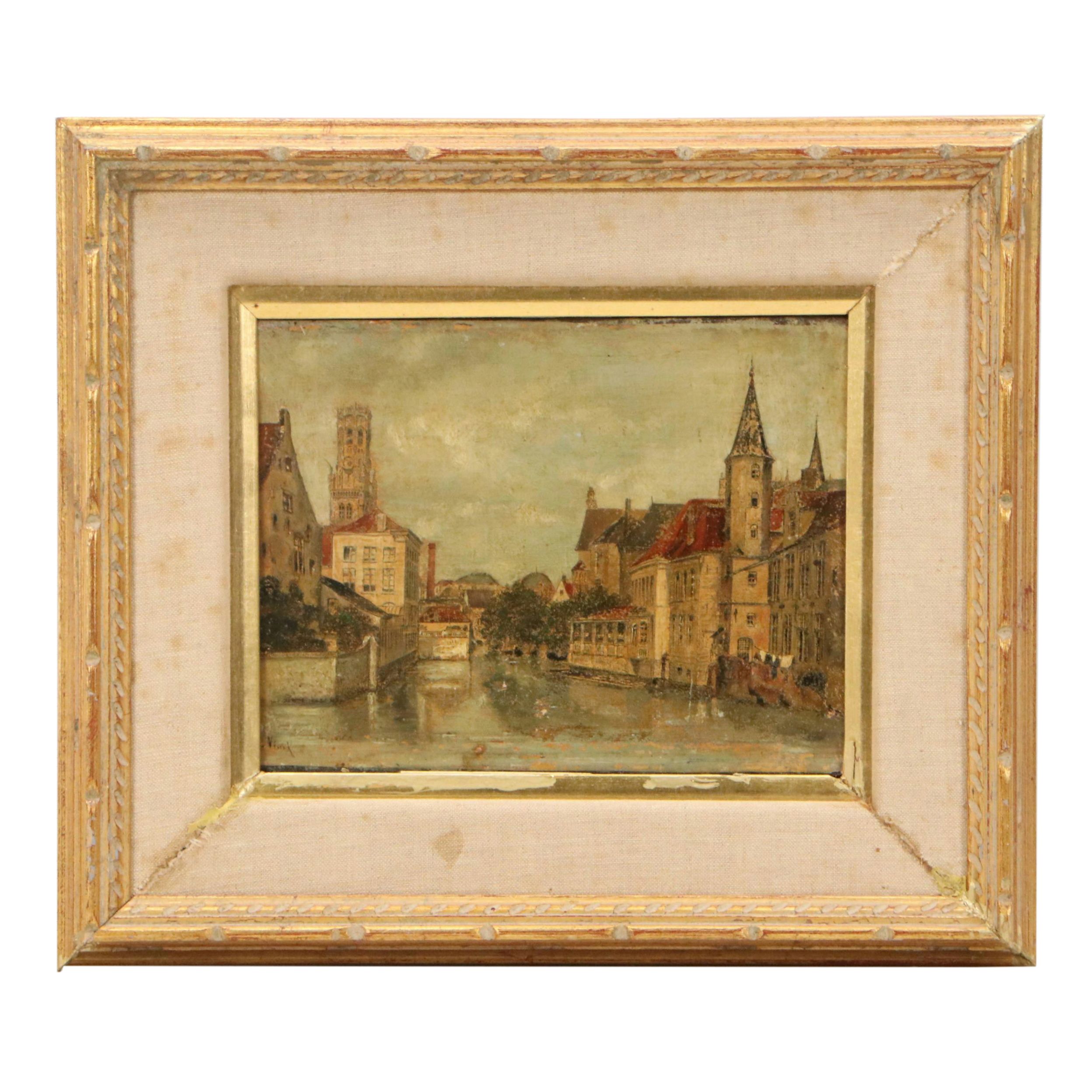 Hand-Painted Print of European City, Late 19th to Early 20th Century
