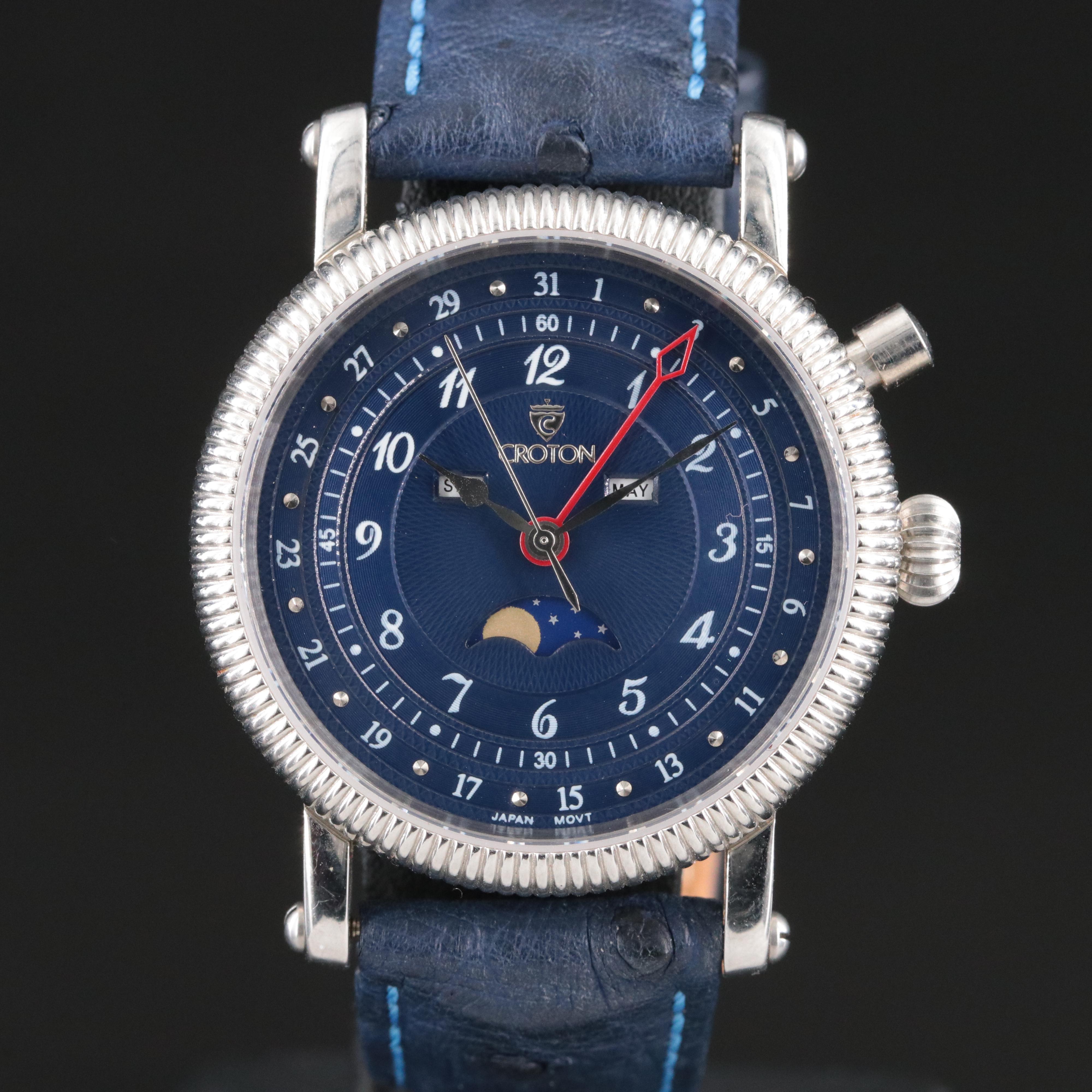 Croton Triple Calendar Moon Phase Dial Stainless Steel Watch