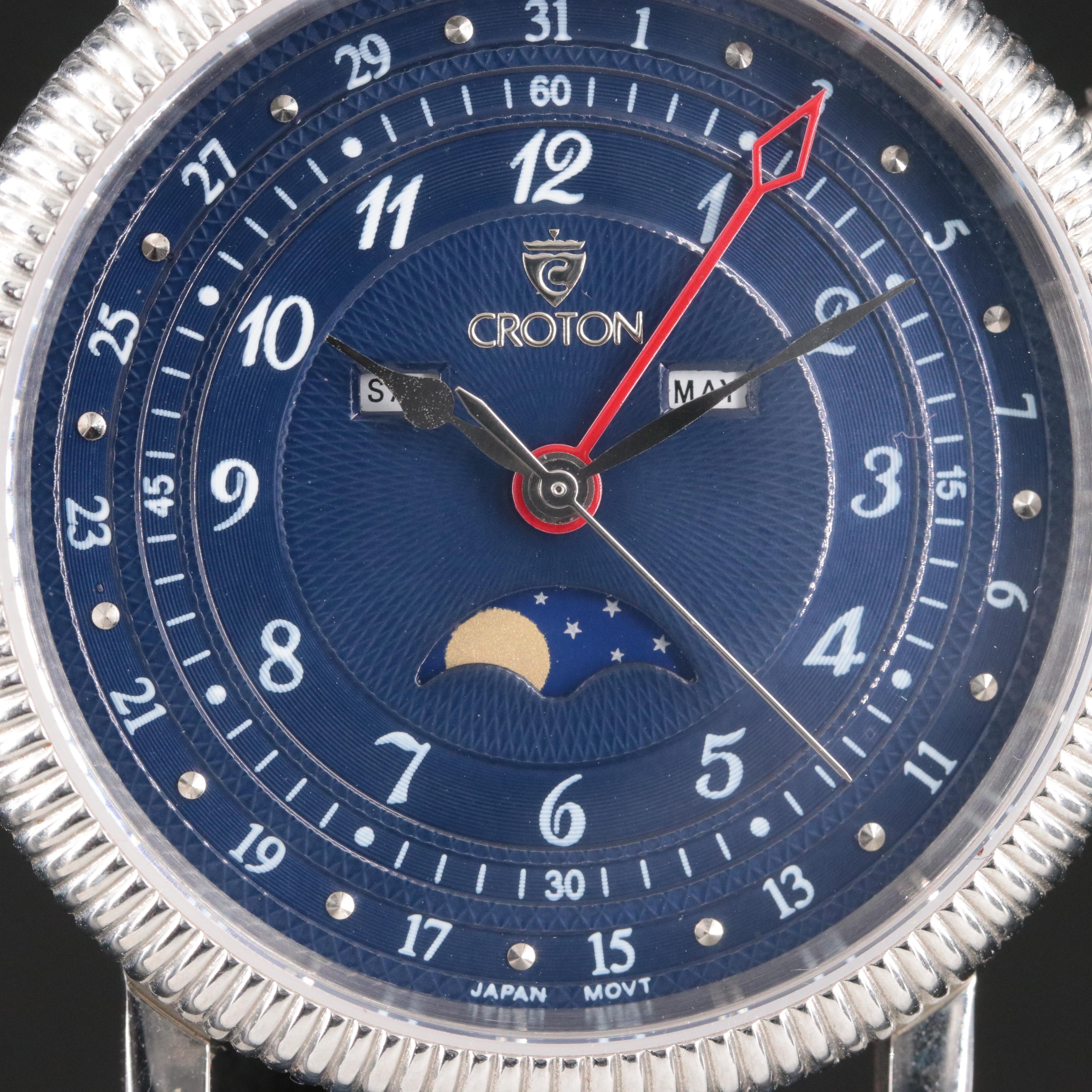 Croton Triple Calendar Moon Phase Dial Stainless Steel Watch