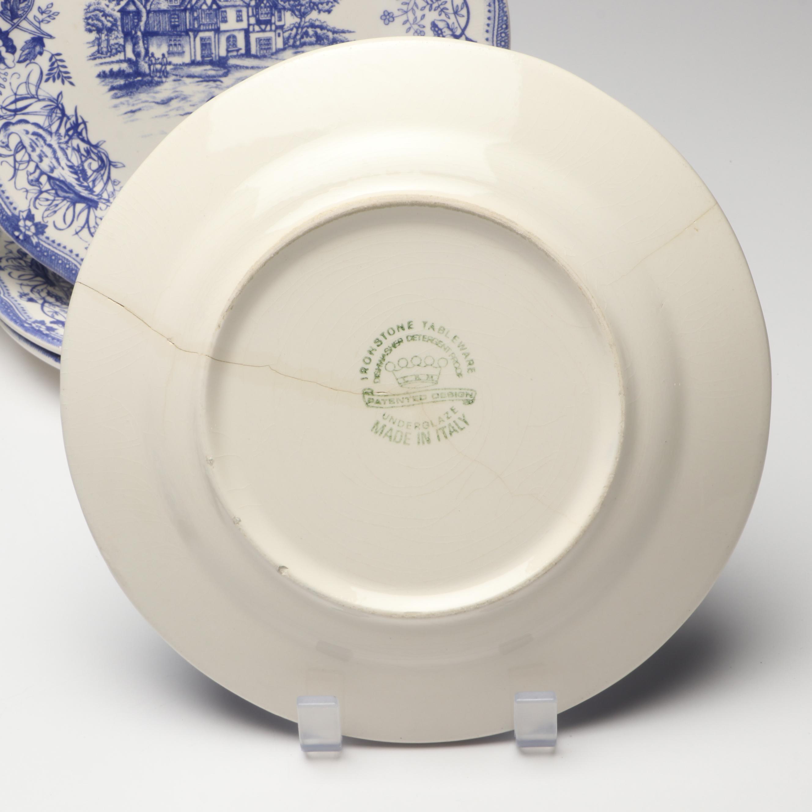 Italian Blue and White Scenic Ironstone Transferware Plates