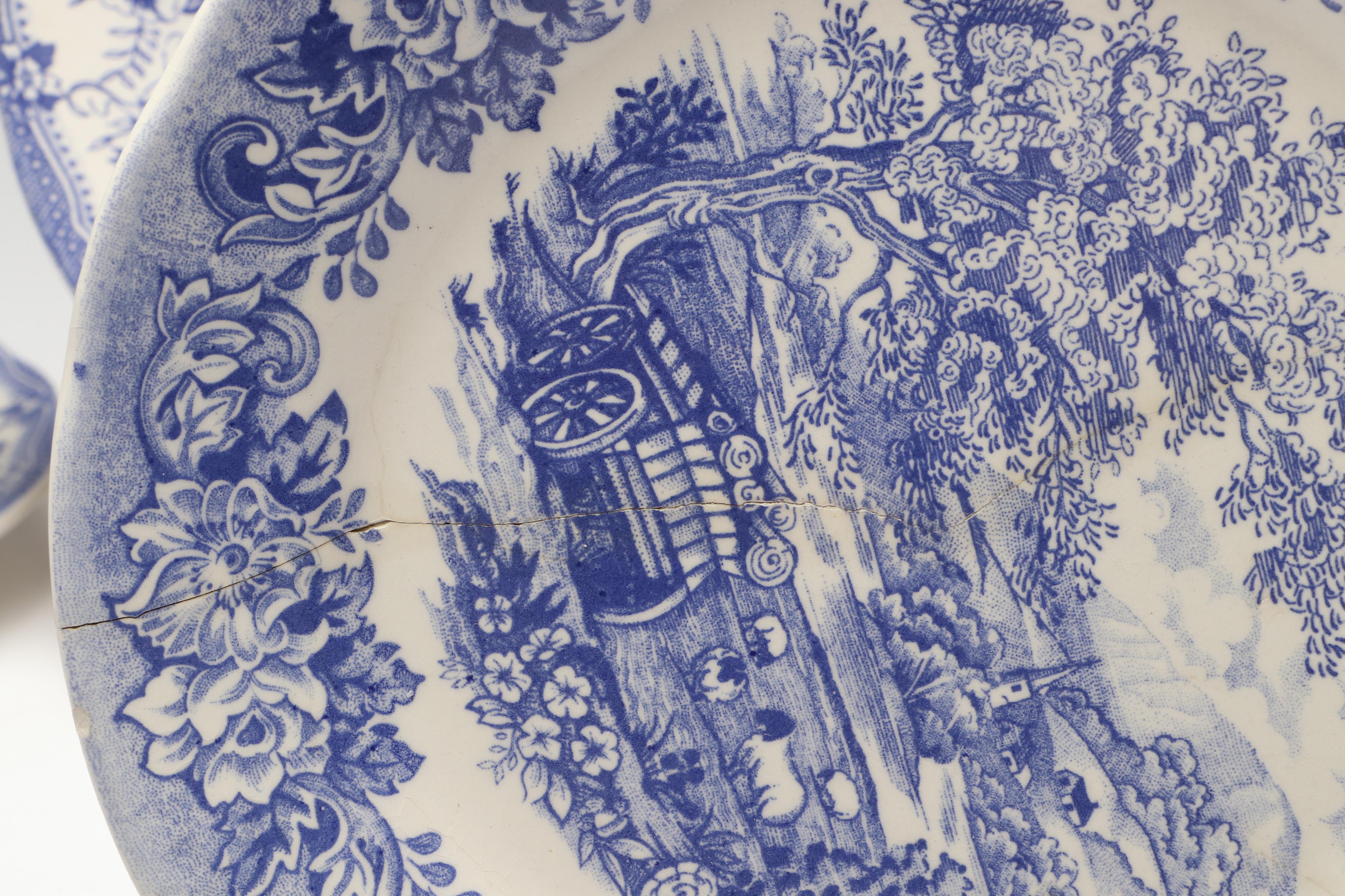Italian Blue and White Scenic Ironstone Transferware Plates