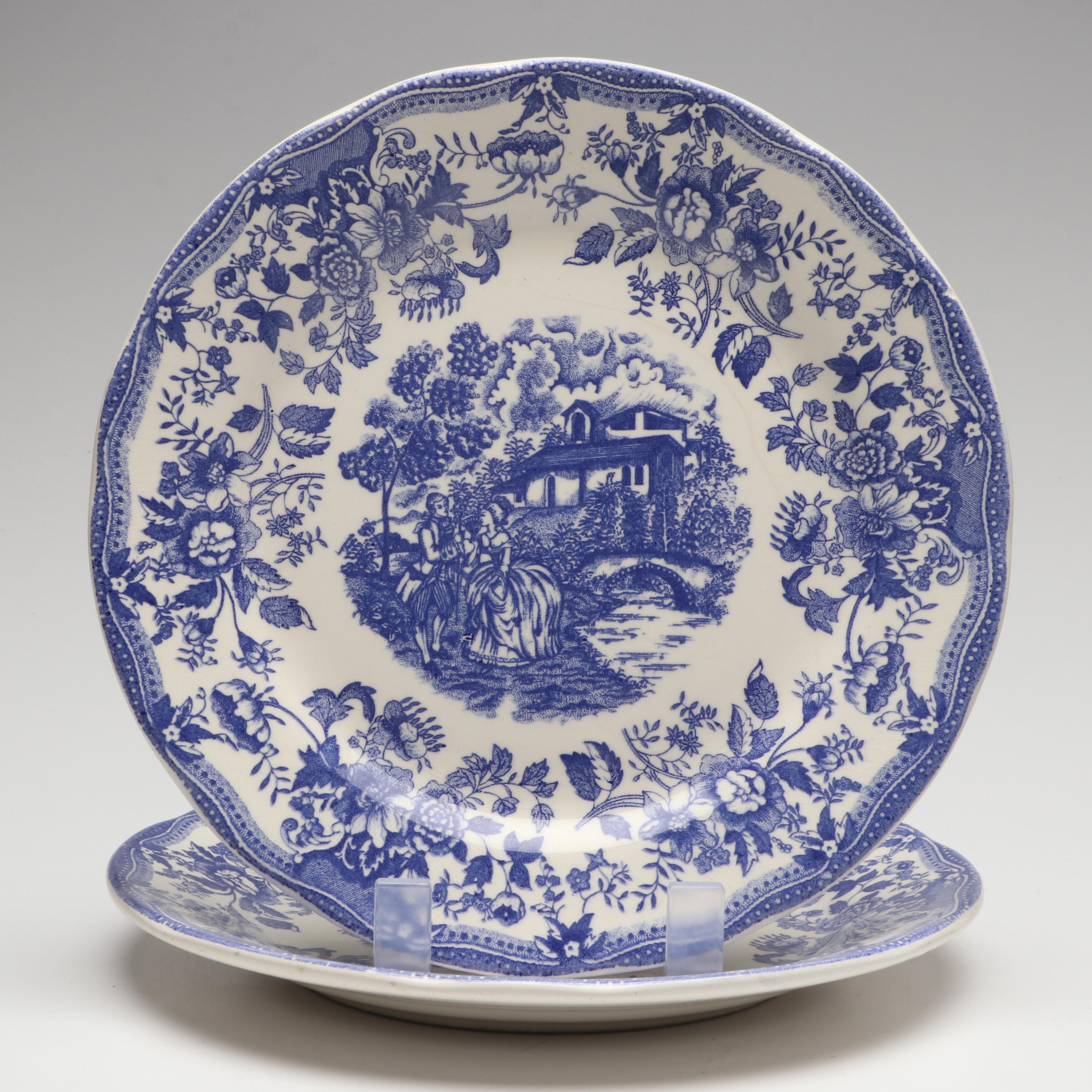 Italian Blue and White Scenic Ironstone Transferware Plates